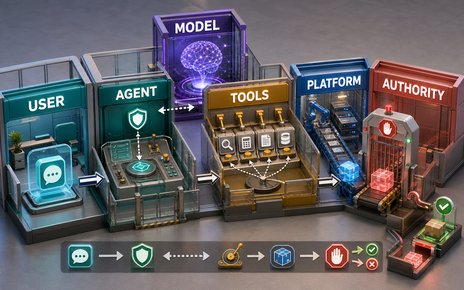 Colorful three-dimensional responsibility workshop with six labeled zones: User, Agent, Model, Tools, Platform, and Authority. A request enters through User, the Agent controls transitions while consulting the Model and selecting Tools, Tools operate through Platform, and an external-effect parcel crosses an Authority gate.