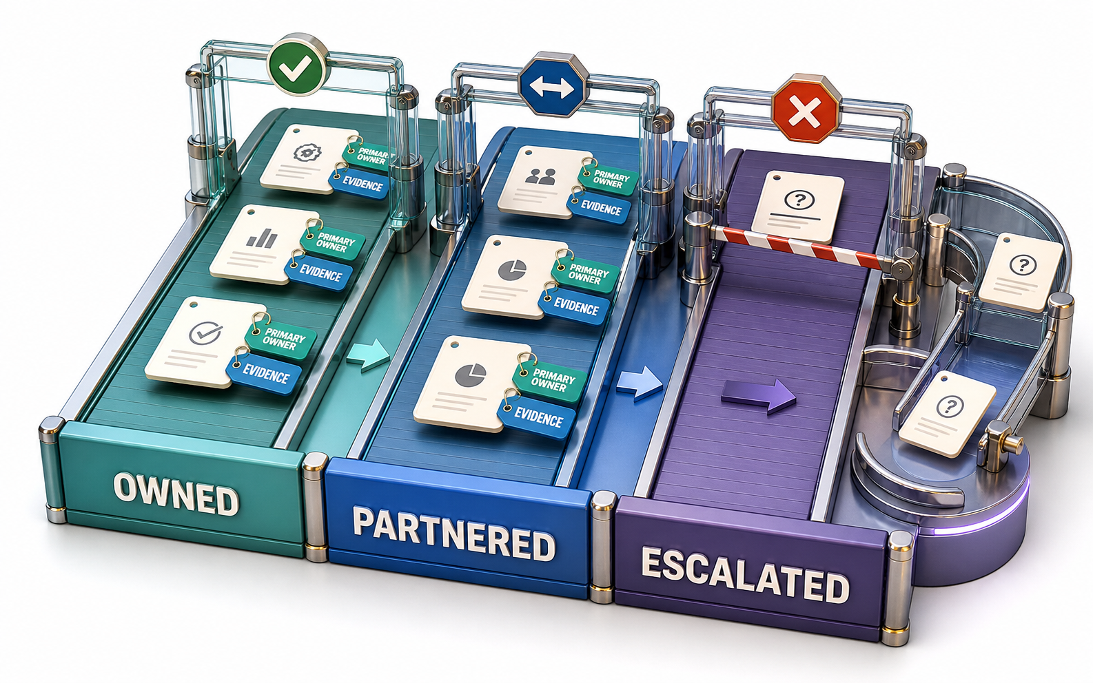 Colorful three-dimensional decision conveyor divided into Owned, Partnered, and Escalated lanes. Decision cards carrying both Primary Owner and Evidence tags proceed through checkpoints, while incomplete cards are stopped and routed for escalation.