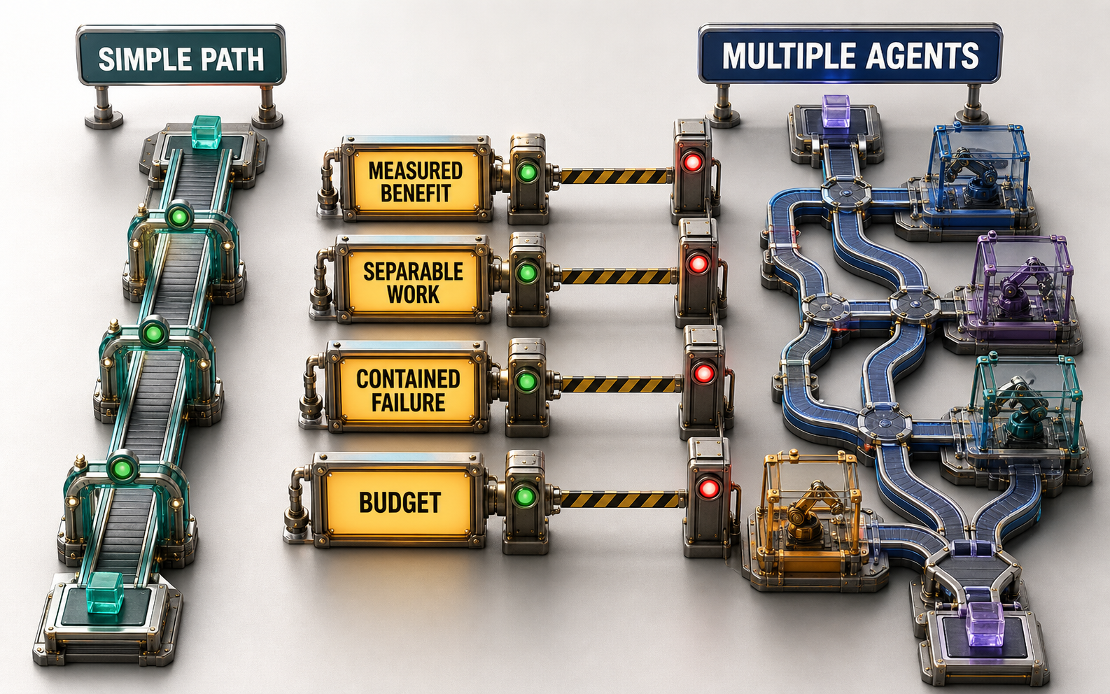 Colorful three-dimensional comparison between a compact Simple Path conveyor and a branching Multiple Agents network. Four gated tests labeled Measured Benefit, Separable Work, Contained Failure, and Budget can block entry to the branching route while the simple route remains available.