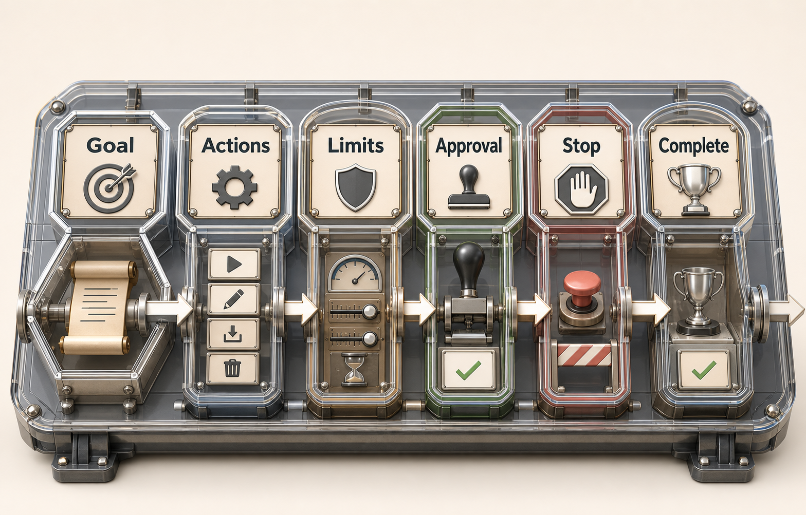 Colorful three-dimensional contract machine with six connected stations labeled Goal, Actions, Limits, Approval, Stop, and Complete. Each station uses a distinct physical control or symbol, and directional arrows show the enforced sequence.