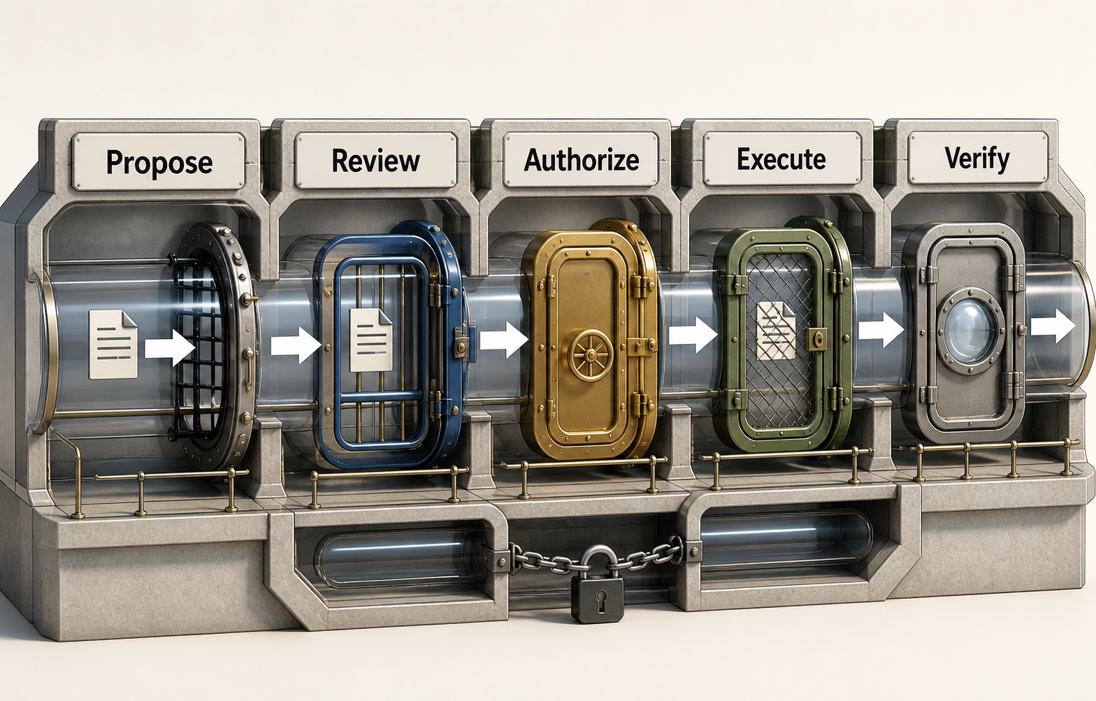 Crisp three-dimensional authority airlock with five sequential chambers labeled Propose, Review, Authorize, Execute, and Verify. Separate doors and a locked lower bypass make the required control sequence visible without relying on color.