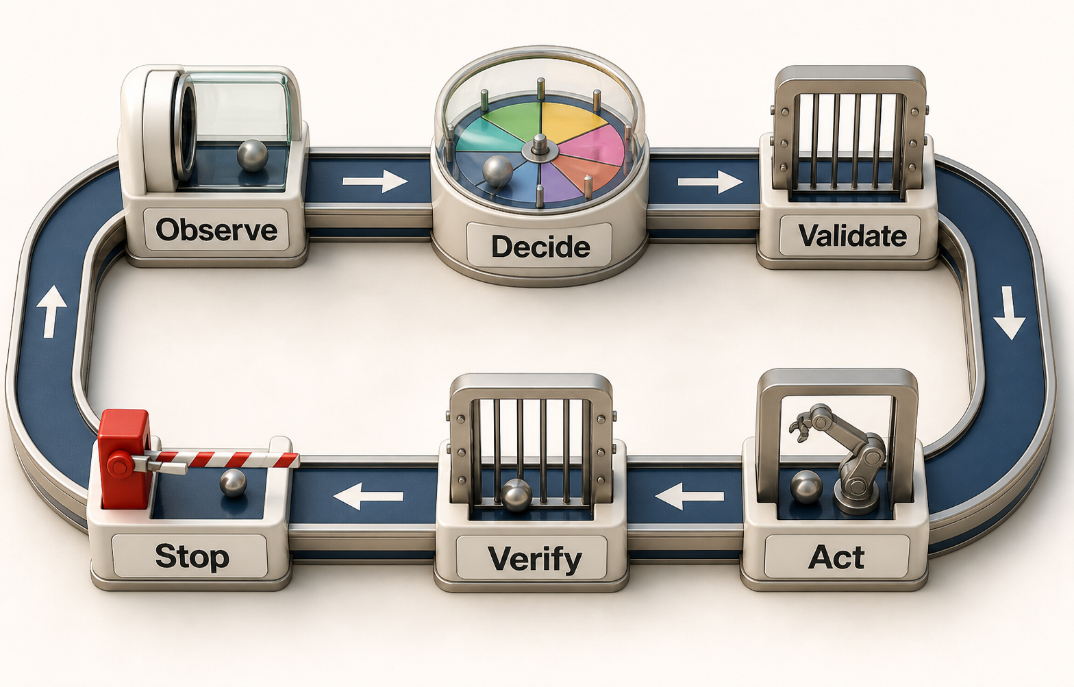 Crisp three-dimensional loop track labeled Observe, Decide, Validate, Act, Verify, and Stop. Arrows establish the direction, validation and verification are physical gates, and a striped barrier makes the explicit stop state visible.