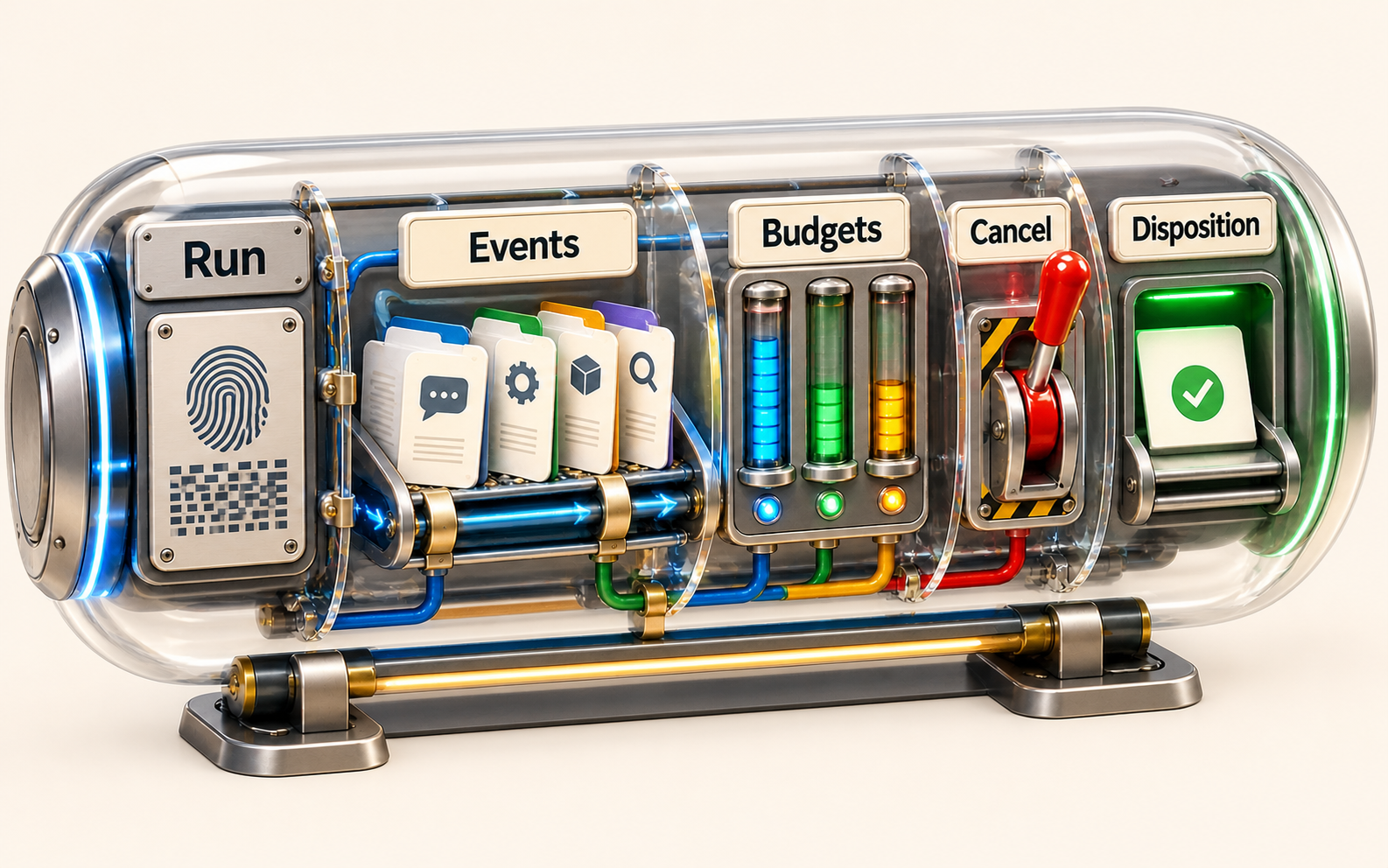 Colorful transparent three-dimensional run capsule with distinct compartments labeled Run, Events, Budgets, Cancel, and Disposition. A fingerprint plate, ordered event cards, three budget gauges, a cancellation lever, and a terminal output slot make the run controls concrete.