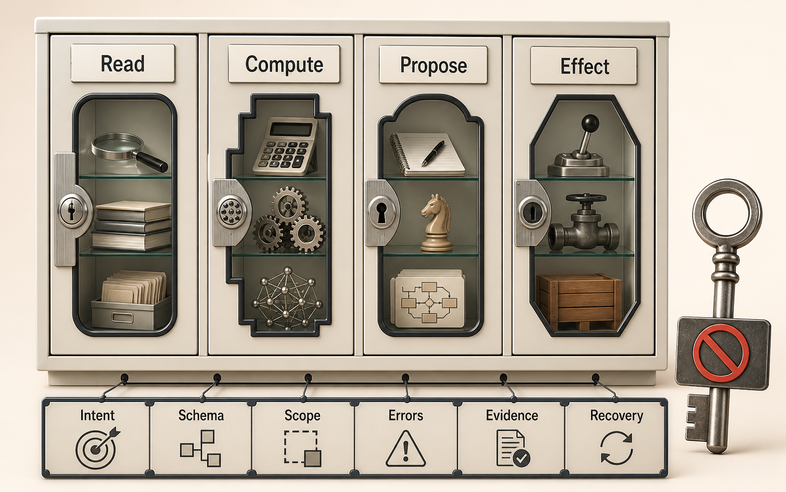 Realistic three-dimensional capability cabinet with separate locked compartments labeled Read, Compute, Propose, and Effect. A contract strip below is labeled Intent, Schema, Scope, Errors, Evidence, and Recovery, while a rejected master key stands outside the cabinet.