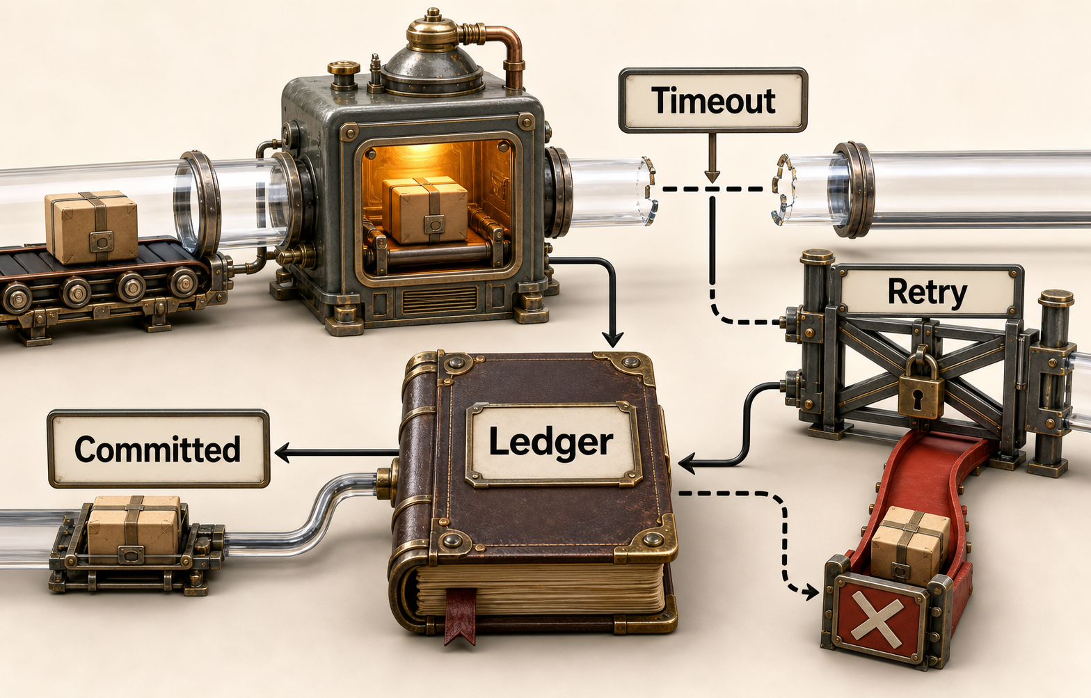 Crisp three-dimensional effect machine where a completed parcel is followed by a broken response pipe labeled Timeout. A Retry route remains locked until a central Ledger reconciles the committed parcel, while a different parcel is visibly rejected.
