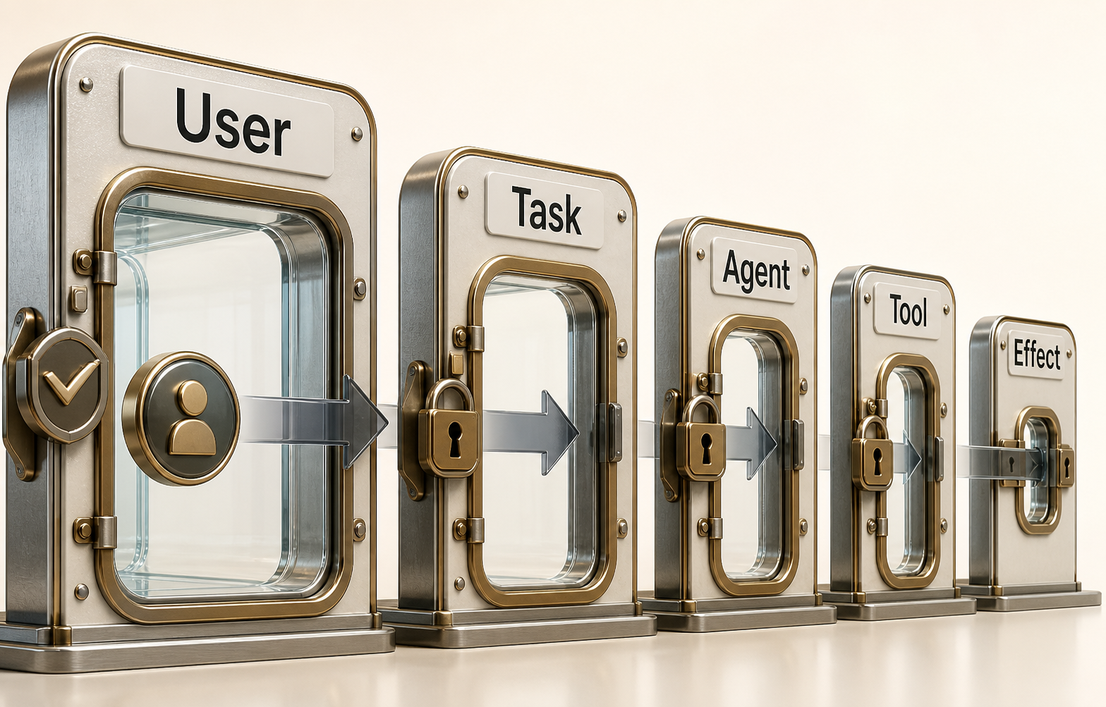 Realistic three-dimensional sequence of progressively narrower locked gates labeled User, Task, Agent, Tool, and Effect. A continuous arrow and shrinking openings show authority narrowing toward one exact effect.