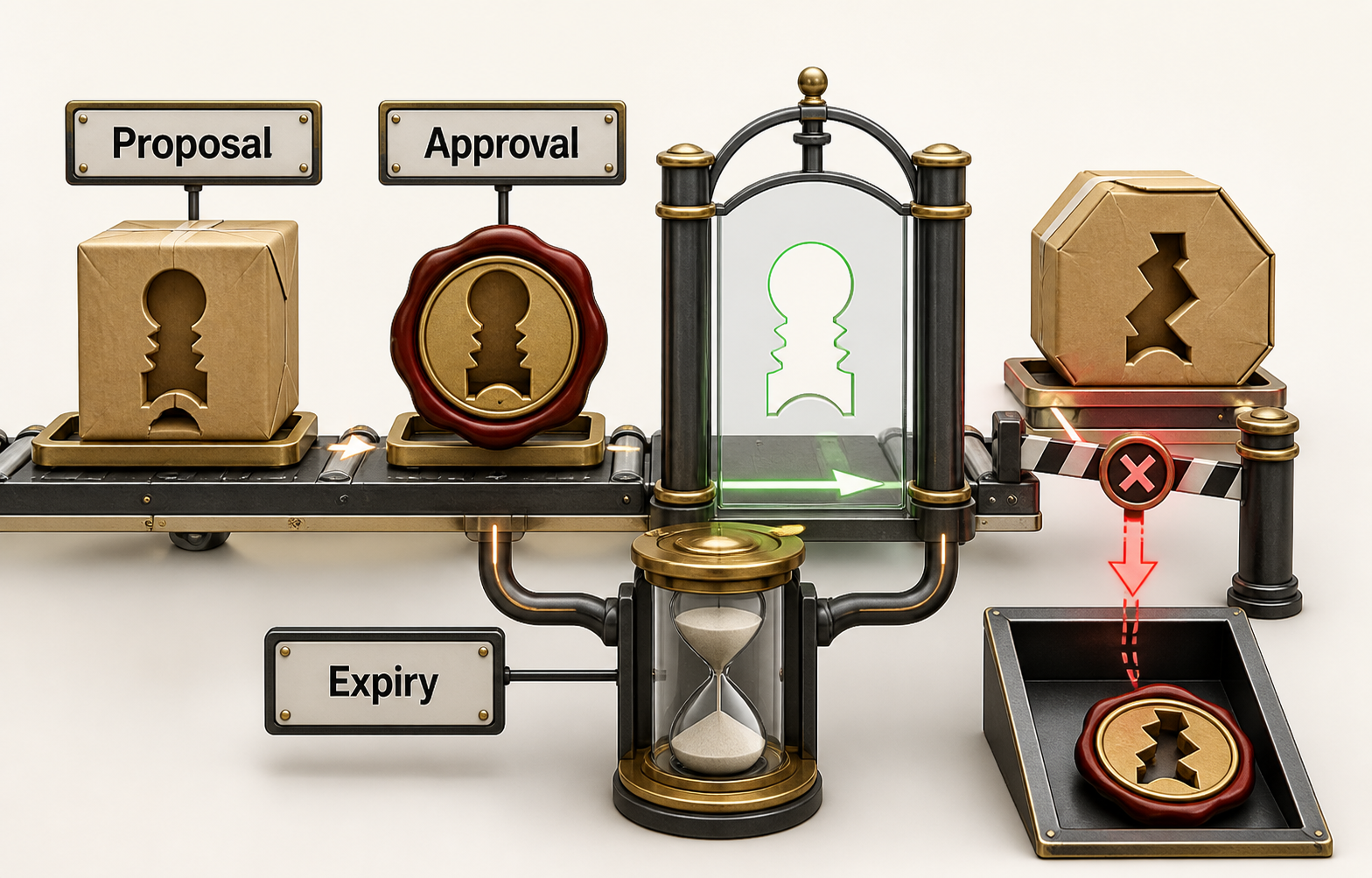 Crisp three-dimensional matching station where a parcel labeled Proposal and a shaped seal labeled Approval must fit the same opening before Expiry. An altered parcel and mismatched seal are blocked and routed to a rejection tray.