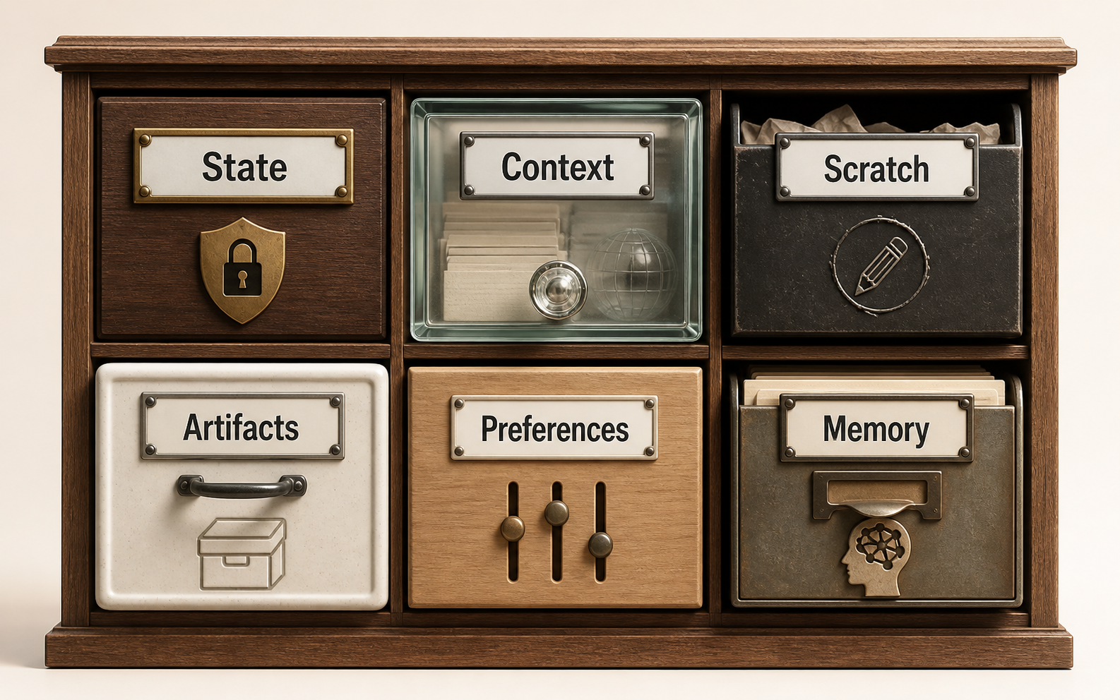 Realistic three-dimensional cabinet with six visually distinct drawers labeled State, Context, Scratch, Artifacts, Preferences, and Memory. Different materials, locks, windows, handles, and contents reinforce that the data classes have different trust and lifecycle rules.