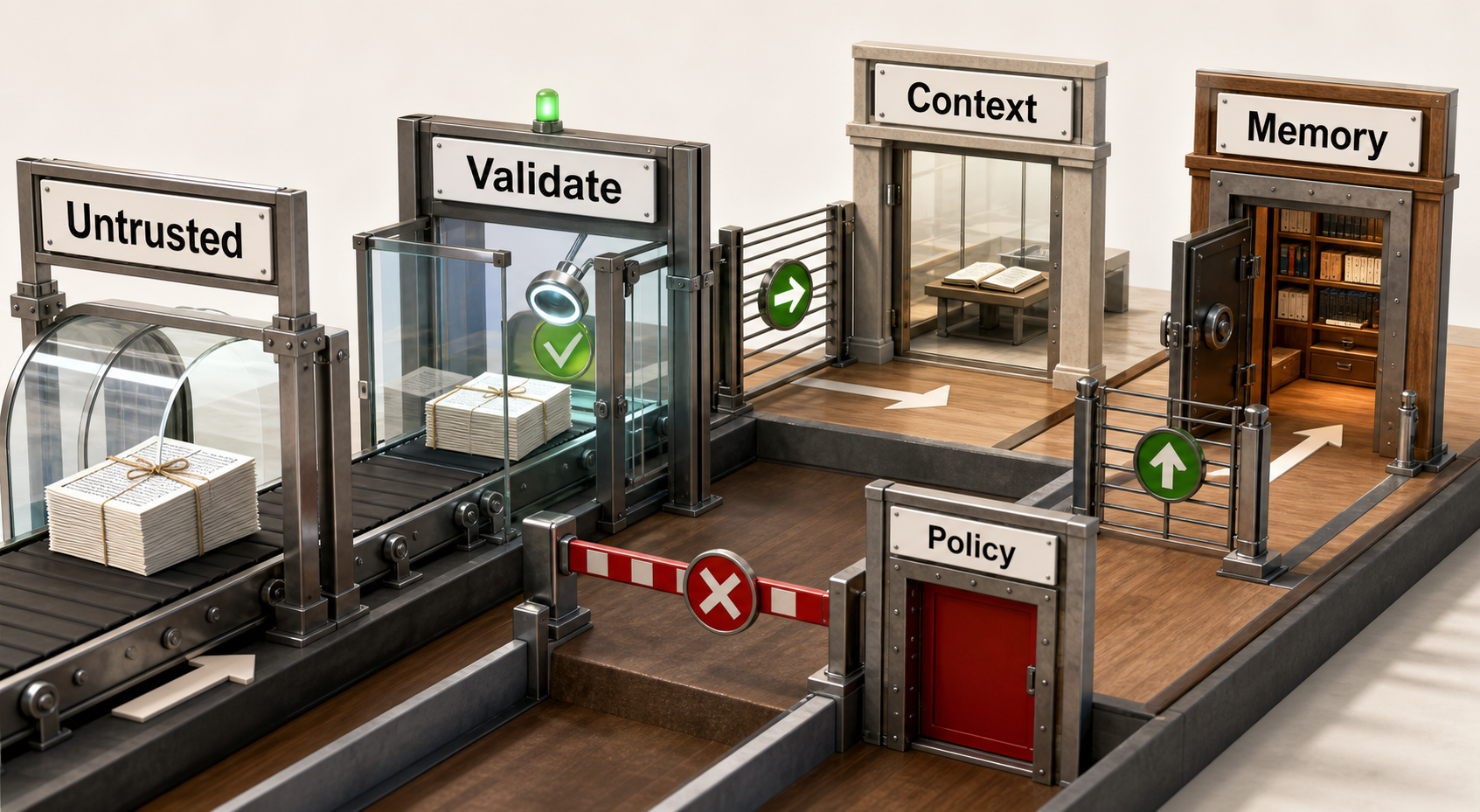 crisp realistic 3D gate sequence labeled Untrusted, Validate, Context, Policy, and Memory. Untrusted text may pass into Context as quoted evidence after validation, but a blocked route prevents it entering Policy. Memory admission requires provenance, permission, expiry, and conflict checks. No relationship depends on color.