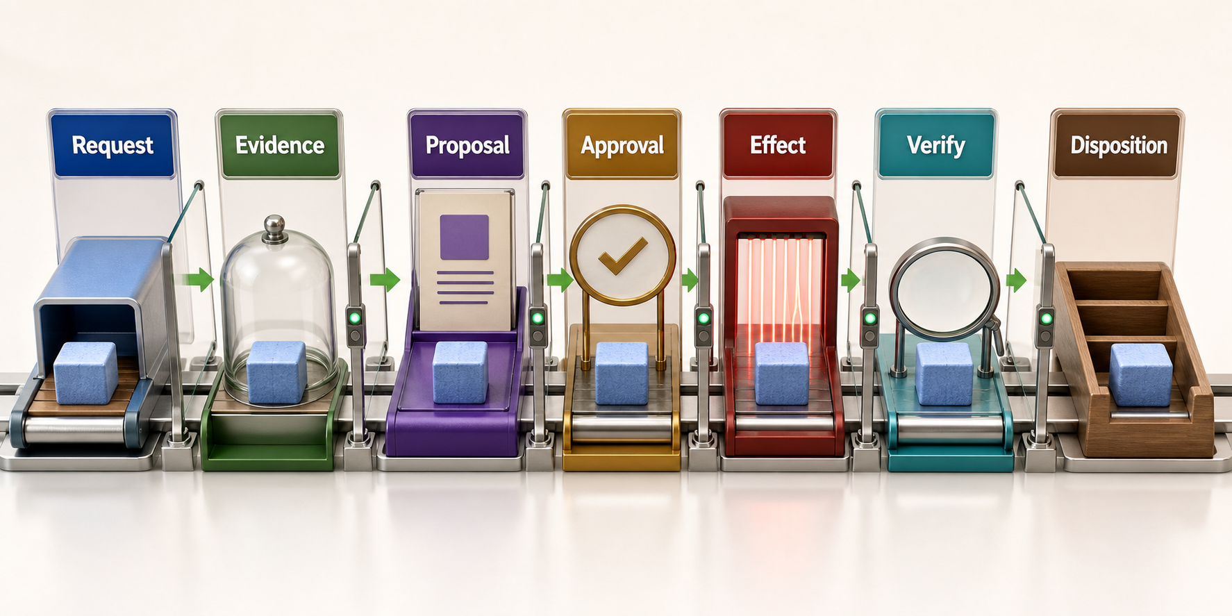 crisp realistic 3D vertical path from Request through Read, Evidence, Proposal, Approval, Effect, Verify, and Disposition. One agent moves a bounded workpiece while separate deterministic gates inspect state, policy, identity, and evidence. No additional agents appear and no relationship depends on color.