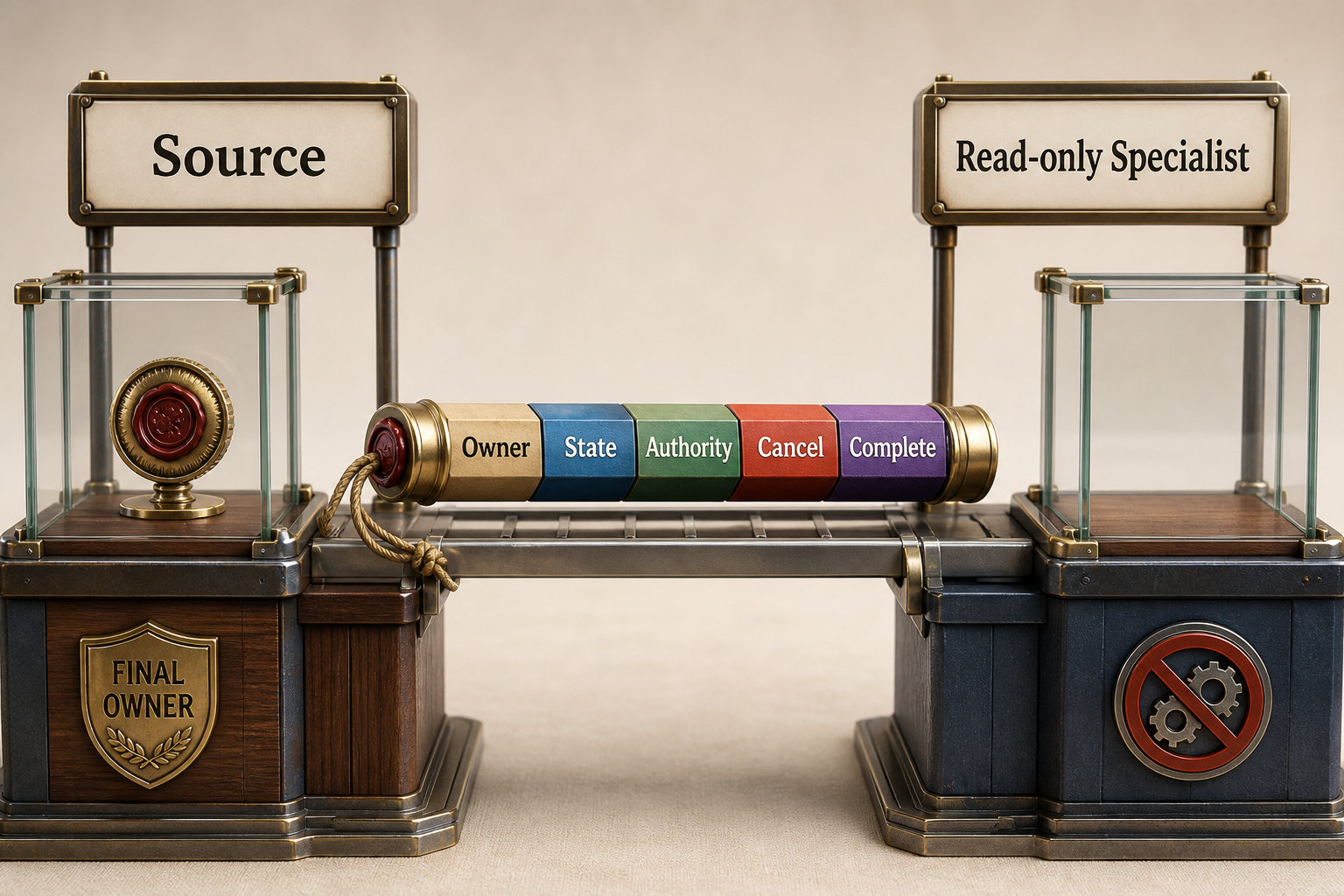 colorful realistic 3D relay where a source and read-only specialist exchange a sealed handoff baton. The baton is labeled Owner, State, Authority, Cancel, and Complete. A separate final-owner marker remains with the source, and the target has no effect tool. No relationship depends on color.