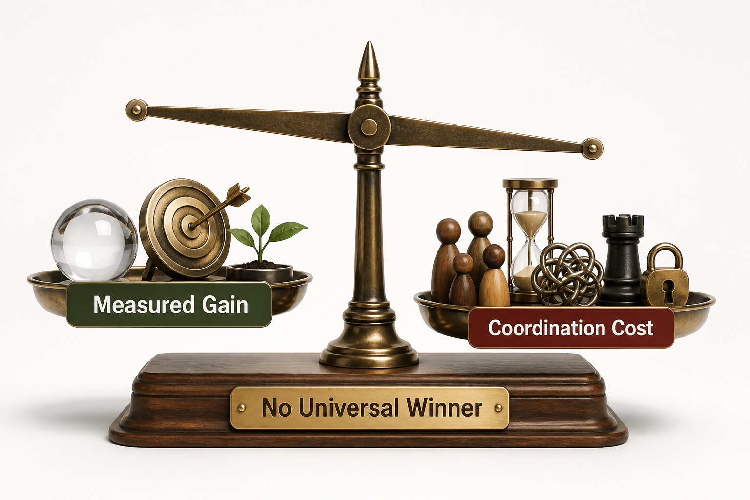 crisp realistic 3D balance labeled Measured Gain on one side and Coordination Cost on the other. The scene states No Universal Winner and shows separate weights for outcome, context, actions, handoffs, latency, and authority risk without numeric performance claims. No relationship depends on color.