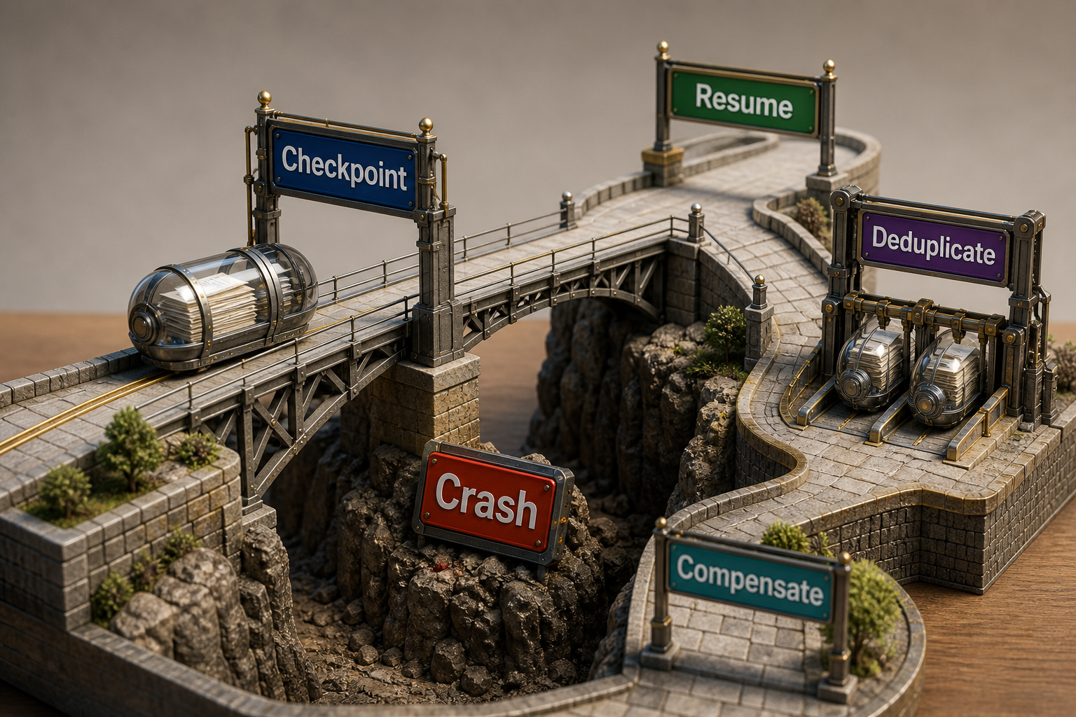 colorful realistic 3D bridge labeled Checkpoint spanning a gap labeled Crash. A work capsule crosses by Resume, while duplicate capsules are blocked by Deduplicate and an optional separate Compensate route remains visible. No relationship depends on color.