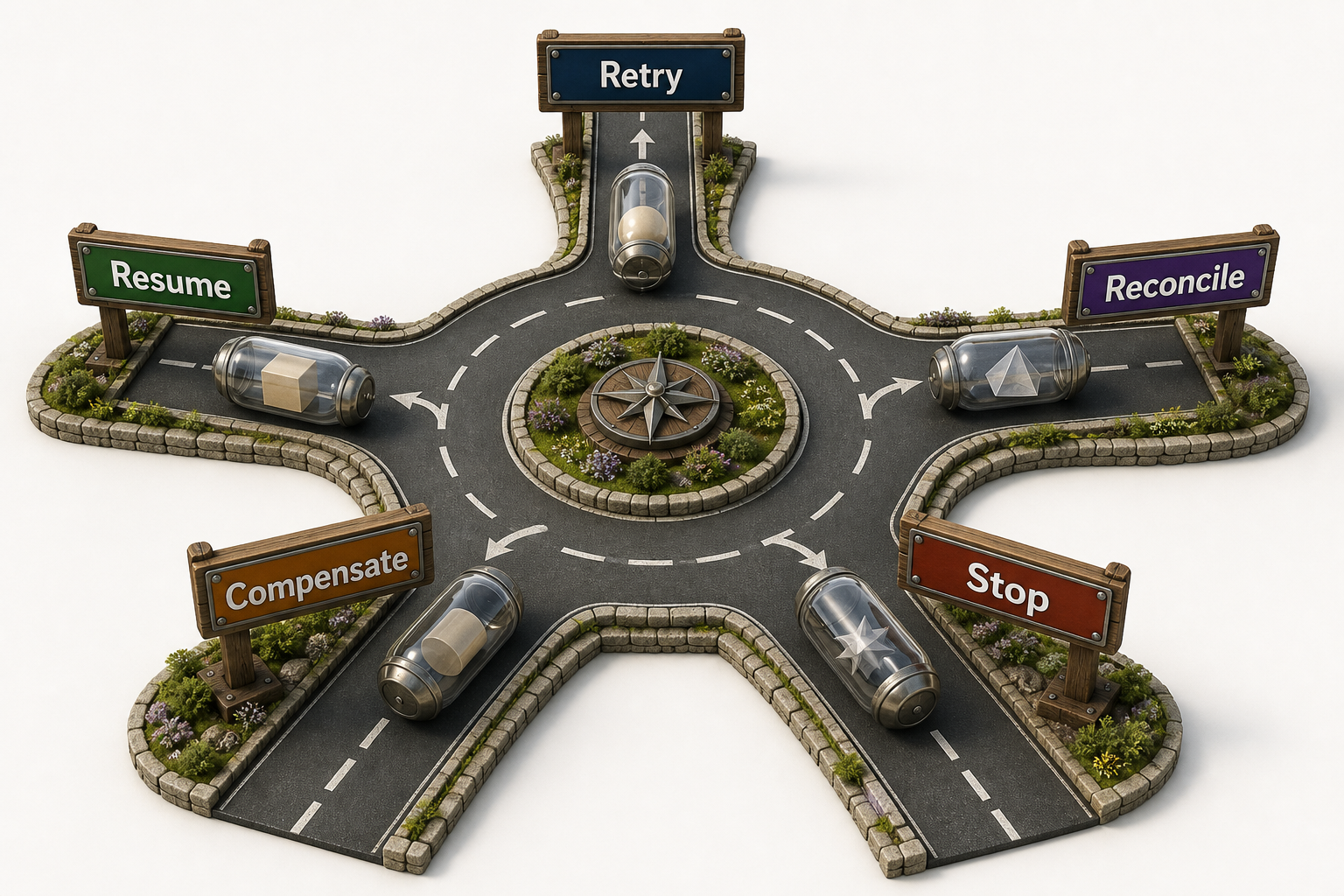 crisp realistic 3D roundabout with exits labeled Retry, Resume, Reconcile, Compensate, and Stop. Entry signs distinguish known pre-send failure, durable checkpoint, ambiguous effect, separately authorized corrective effect, and terminal failure. No relationship depends on color.