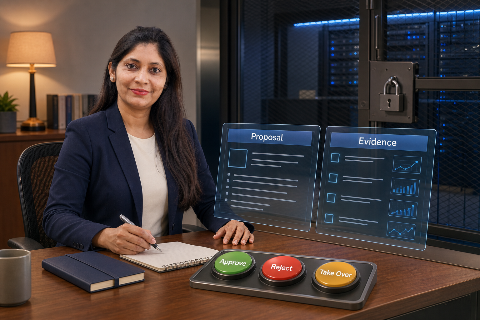 colorful realistic 3D review scene using Komal's identity-preserving original-photo references. The reviewer examines separate panels labeled Proposal and Evidence, with controls labeled Approve, Reject, and Take Over. The system remains behind an authority gate and the reviewer does not control it magically. No relationship depends on color.