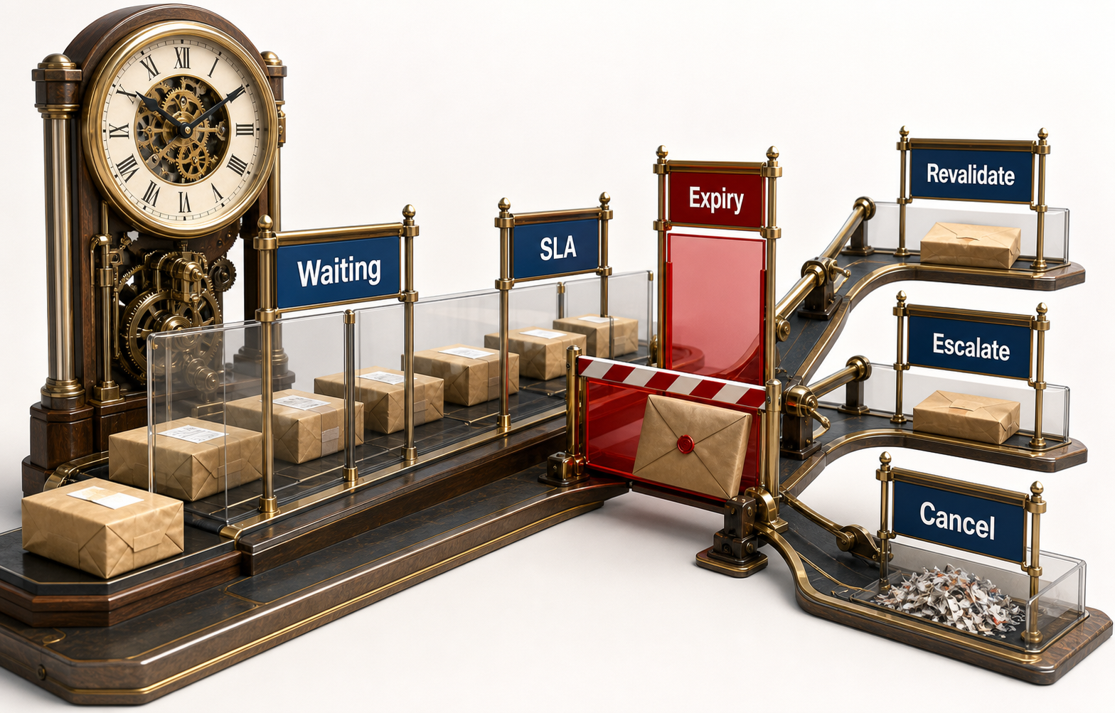 crisp realistic 3D checkpoint queue with labels Waiting, SLA, Expiry, Revalidate, Escalate, and Cancel. An approval arriving after expiry is blocked, while takeover transfers one owner badge. No relationship depends on color.