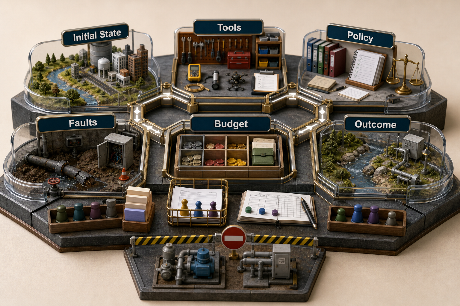colorful realistic 3D miniature FieldOps world with visible labeled stations Initial State, Tools, Policy, Faults, Budget, and Outcome. Synthetic users, inventory, manuals, approval queue, and effect ledger are visible, while physical equipment control is blocked. No relationship depends on color.