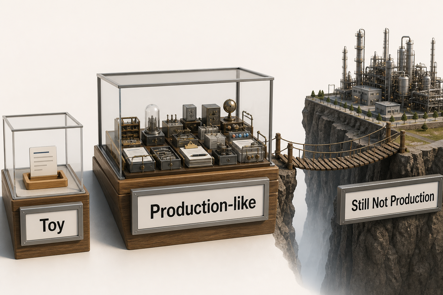crisp realistic 3D comparison labeled Toy and Production-like. Toy contains prompt and answer only; Production-like adds State, Authority, Time, Failures, Effects, Users, Budgets, and Recovery. A large gap labeled Still Not Production separates the synthetic environment from reality. No relationship depends on color.