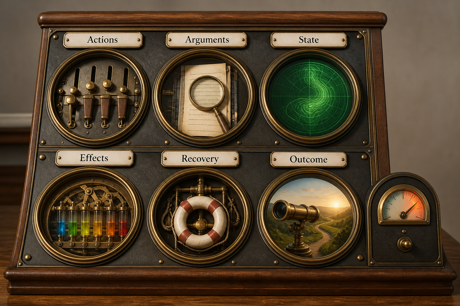 colorful realistic 3D evaluation console with distinct labeled instruments for Actions, Arguments, State, Effects, Recovery, and Outcome. A final-answer gauge is visibly unable to cover the other instruments, and no relationship depends on color.