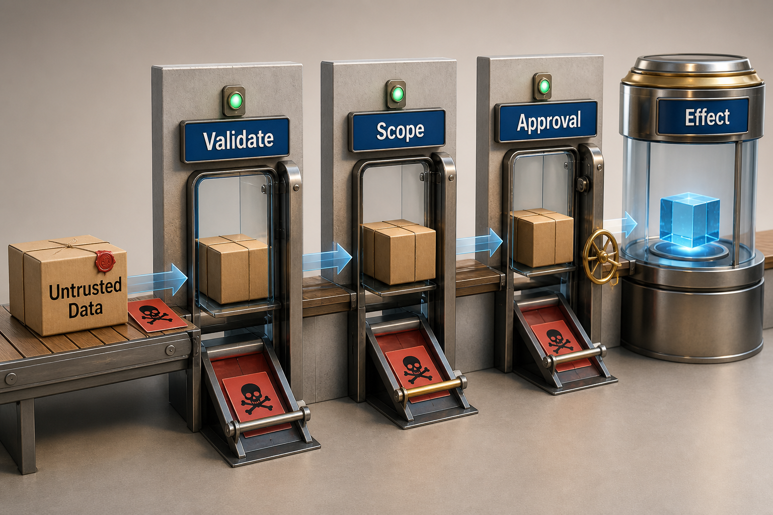 colorful realistic 3D flow where Untrusted Data passes through separate gates labeled Validate, Scope, and Approval before reaching Effect. A malicious instruction is stopped at several independent layers, and no relationship depends on color.
