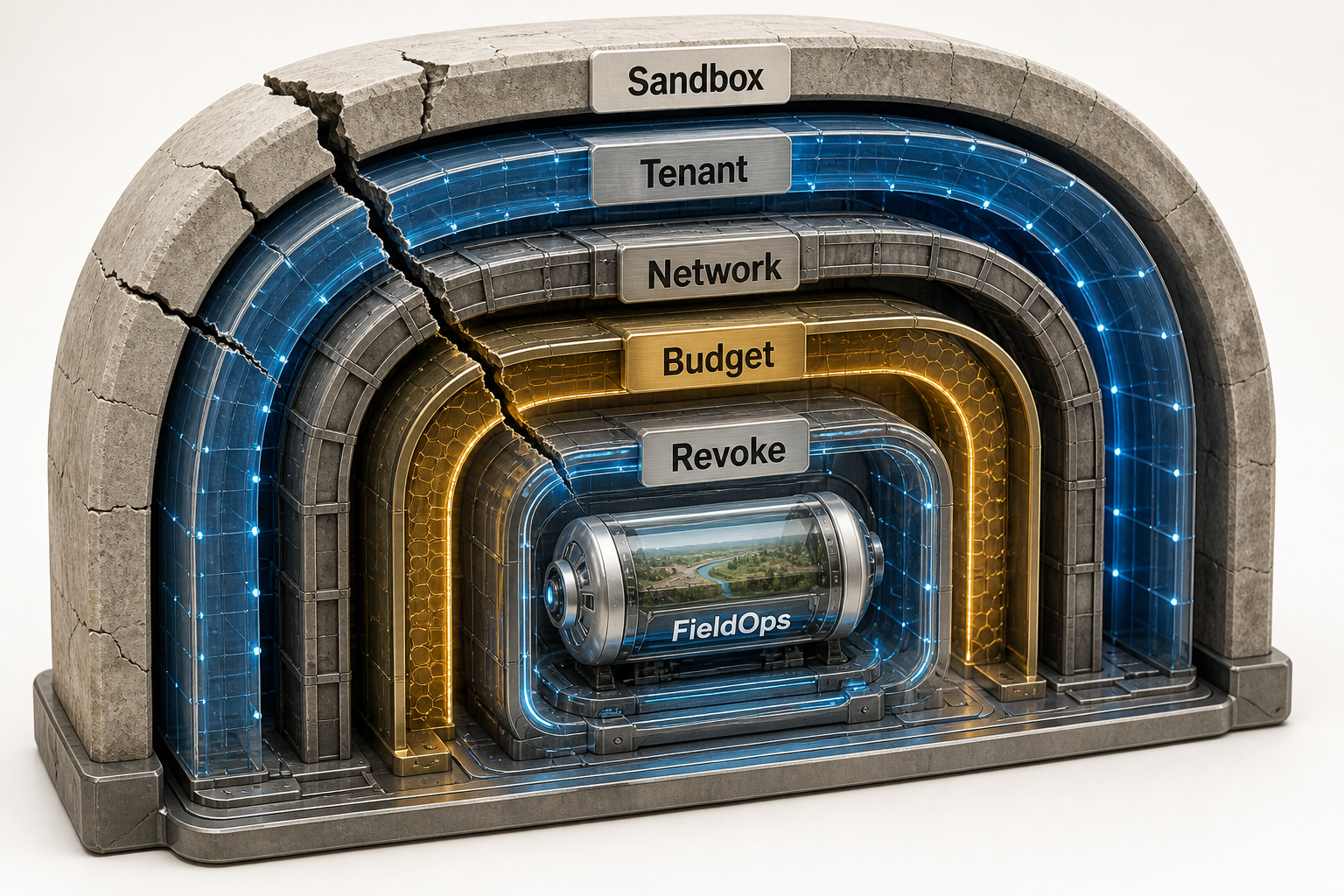 crisp realistic 3D nested containment shells labeled Sandbox, Tenant, Network, Budget, and Revoke around a bounded FieldOps action. A failure passes one shell but is stopped by another, and no relationship depends on color.