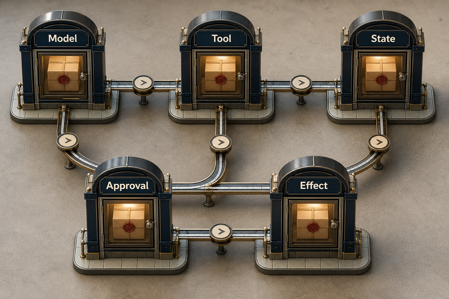 colorful realistic 3D transit map with connected stations labeled Model, Tool, State, Approval, and Effect. Payload boxes are sealed while causal identifiers travel between stations, and no relationship depends on color.
