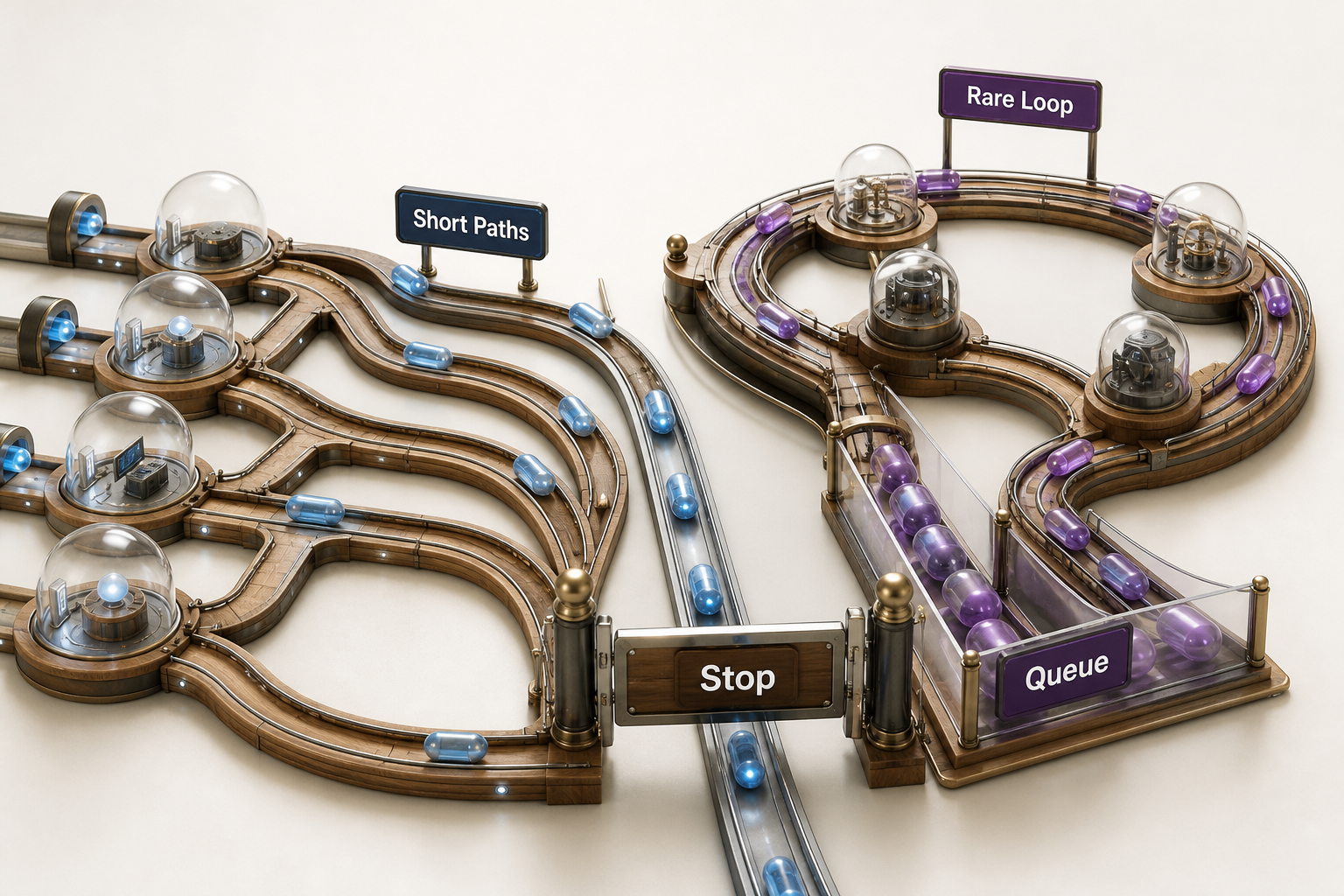 crisp realistic 3D route map in which many Short Paths leave capacity for urgent work while one Rare Loop circles through repeated actions and fills a queue. A stop gate contains the loop, and no meaning depends on color.
