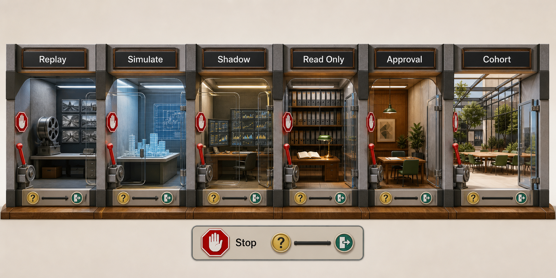 colorful realistic 3D sequence of six increasingly open release rooms labeled Replay, Simulate, Shadow, Read Only, Approval, and Cohort. Every room has a reachable control labeled Stop, and each doorway opens only after its question and exit gate are answered. No relationship depends on color.
