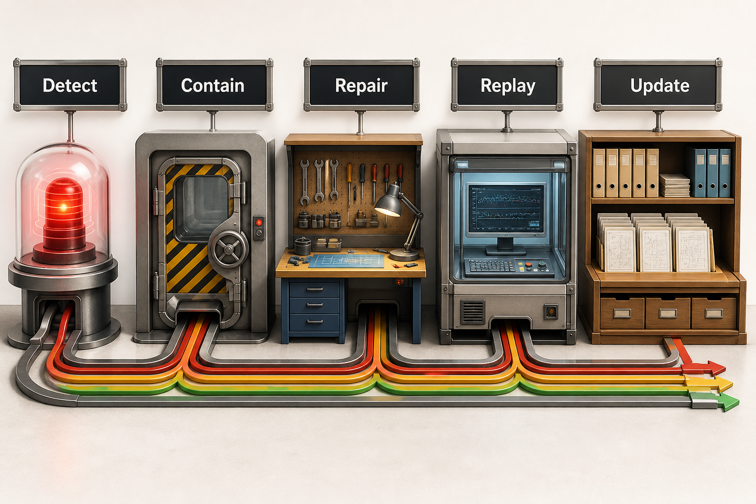 crisp realistic 3D incident recovery scene labeled Detect, Contain, Repair, Replay, and Update. A detection beacon leads to a containment door and named ownership marker, then to a repair bench, replay tester, and versioned artifact shelf. Separate tracks show deployment rollback, effect compensation, and verified correction, and no relationship depends on color.