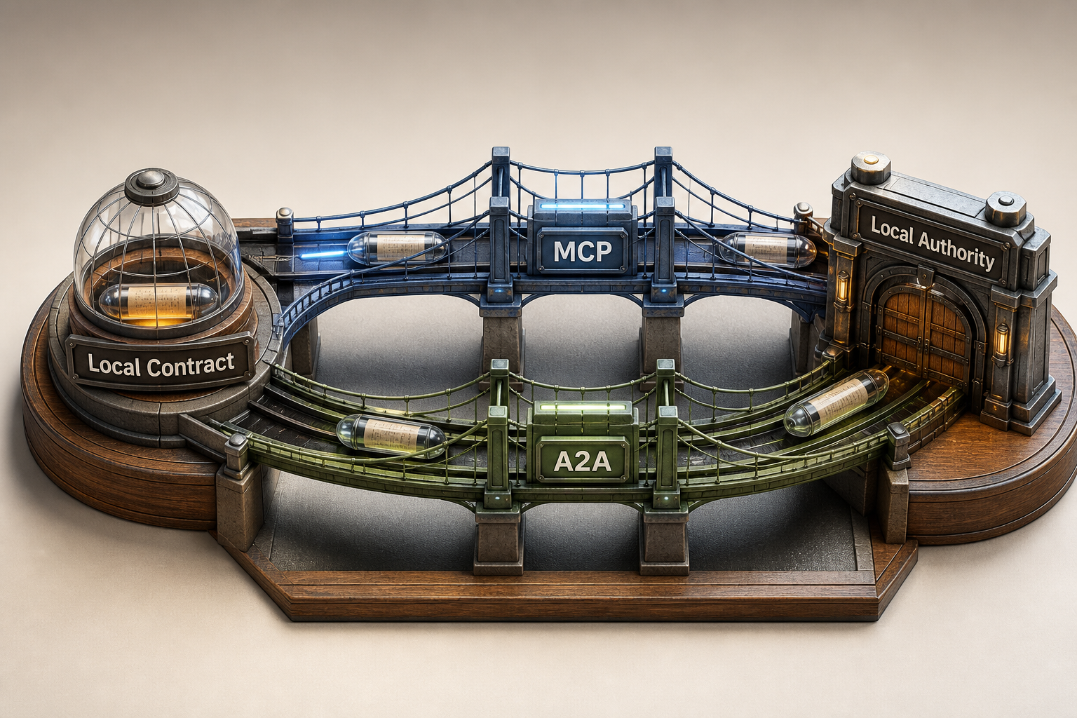 colorful realistic 3D adapter bridge with four labeled stations: Local Contract, MCP, A2A, and Local Authority. MCP reaches a tool endpoint, A2A reaches a remote task endpoint, and both return through Local Authority gates. No relationship depends on color.