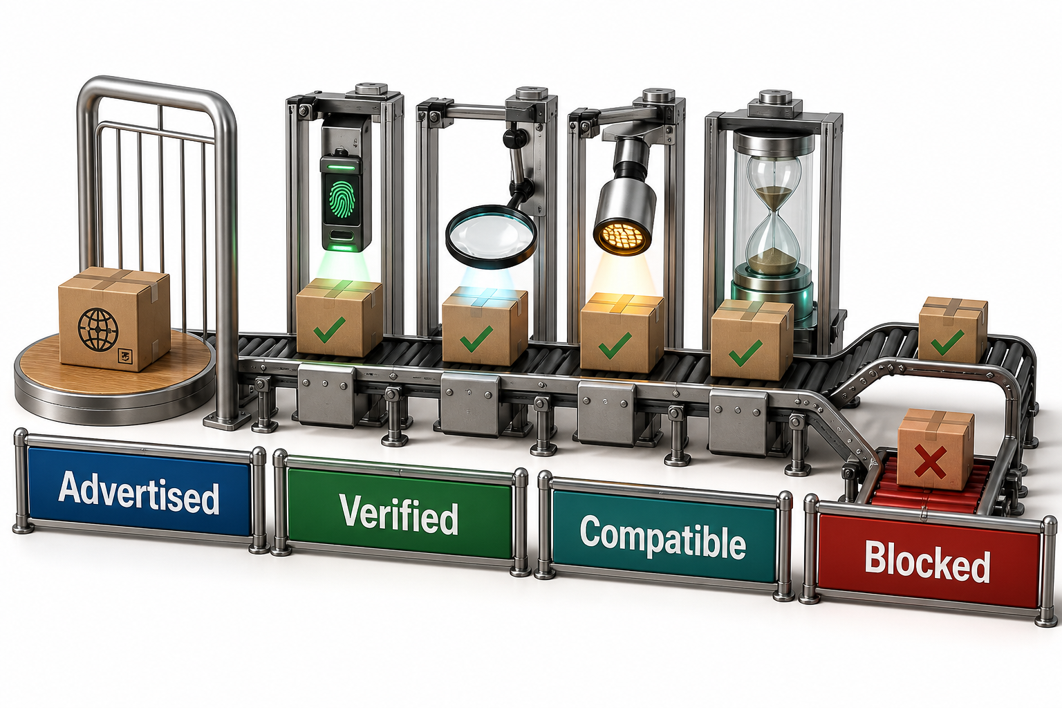 crisp artistic 3D inspection line with packages passing gates labeled Advertised, Verified, Compatible, and Blocked. An advertised remote capability remains outside Local Authority until identity, schema, effects, and lifecycle checks pass. No meaning depends on color.