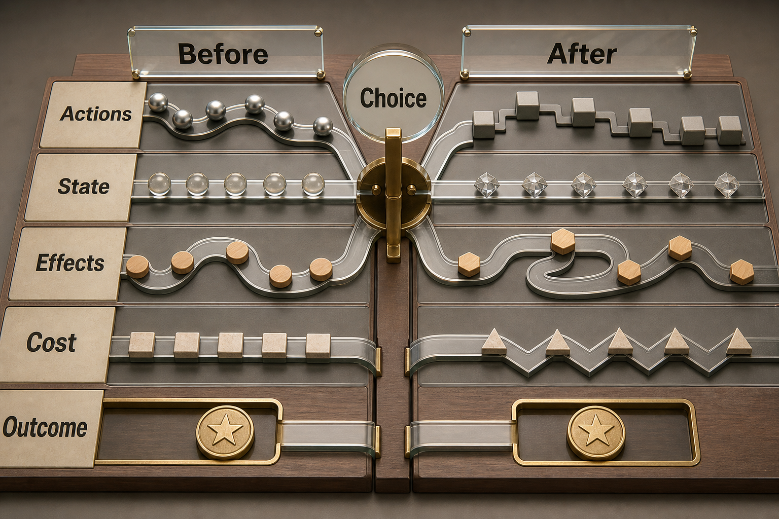 colorful realistic 3D comparison table with two systems labeled Before and After, a central Choice gate, and aligned rows labeled Actions, State, Effects, Cost, and Outcome. A matching final outcome still reveals different action and effect paths, with no meaning dependent on color.