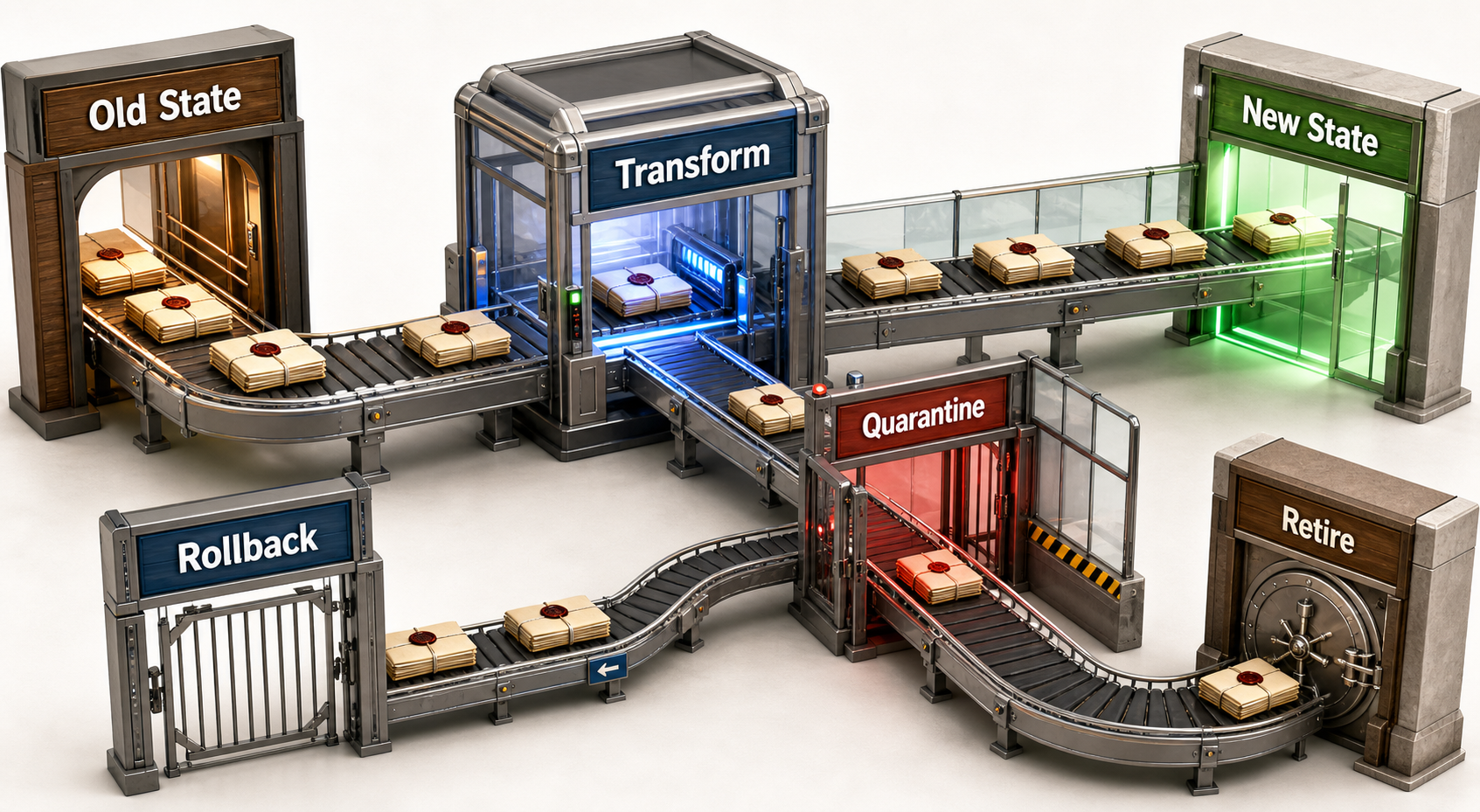 crisp artistic 3D state migration facility labeled Old State, Transform, Quarantine, New State, Rollback, and Retire. Compatible records pass through validated transformation, unsafe records enter quarantine, and no path relies on color.