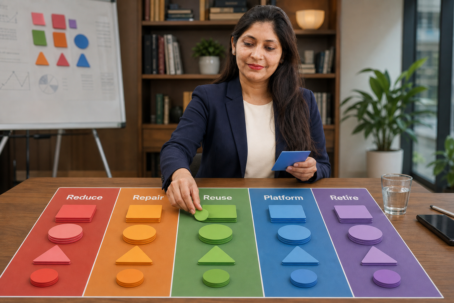 identity-preserving colorful realistic 3D scene of Komal reviewing a portfolio table with evidence cards and mechanisms assigned to Reduce, Repair, Reuse, Platform, and Retire. Each decision lane shows supporting cases, disconfirming evidence, residual limits, and a named authority; no relationship depends on color.