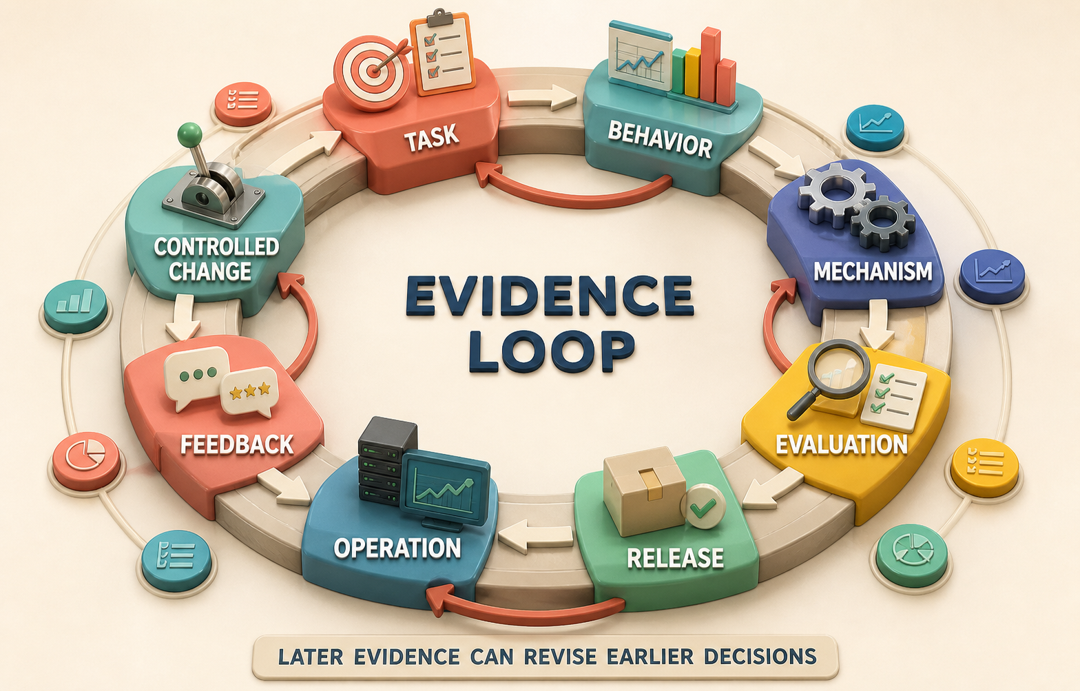 Recursive evidence loop from task and behavior contract through mechanism, evaluation, release, operation, feedback, and controlled change.