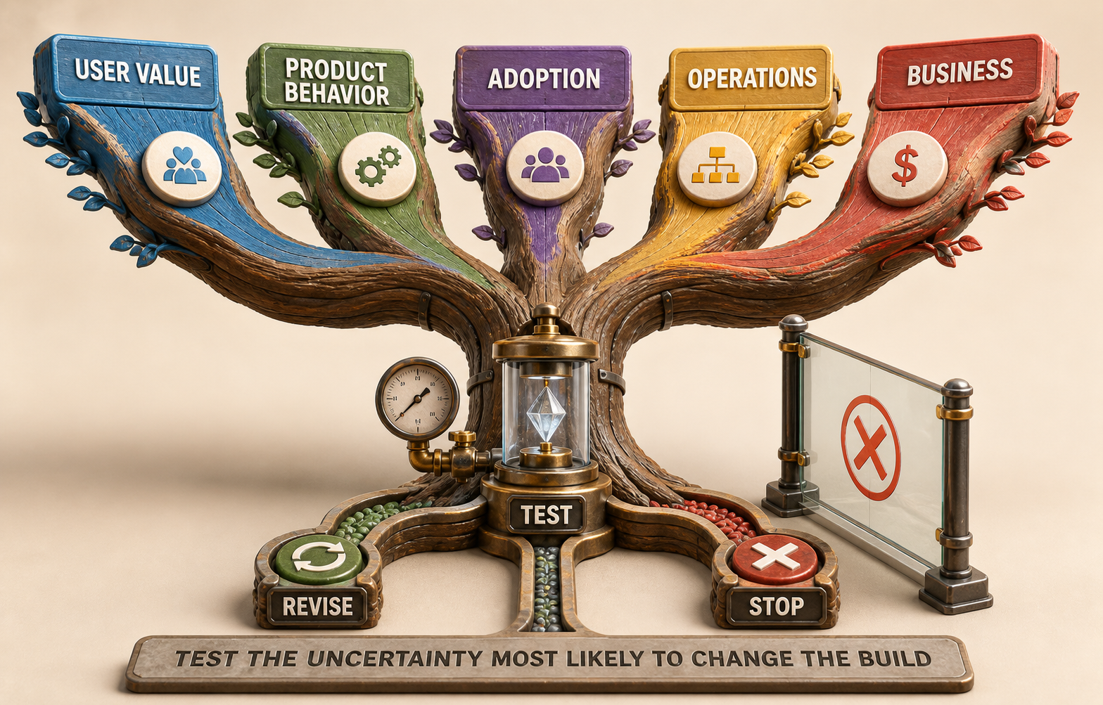 Hypothesis tree separating user value, product behavior, adoption, operations, and business assumptions with disconfirmation paths.