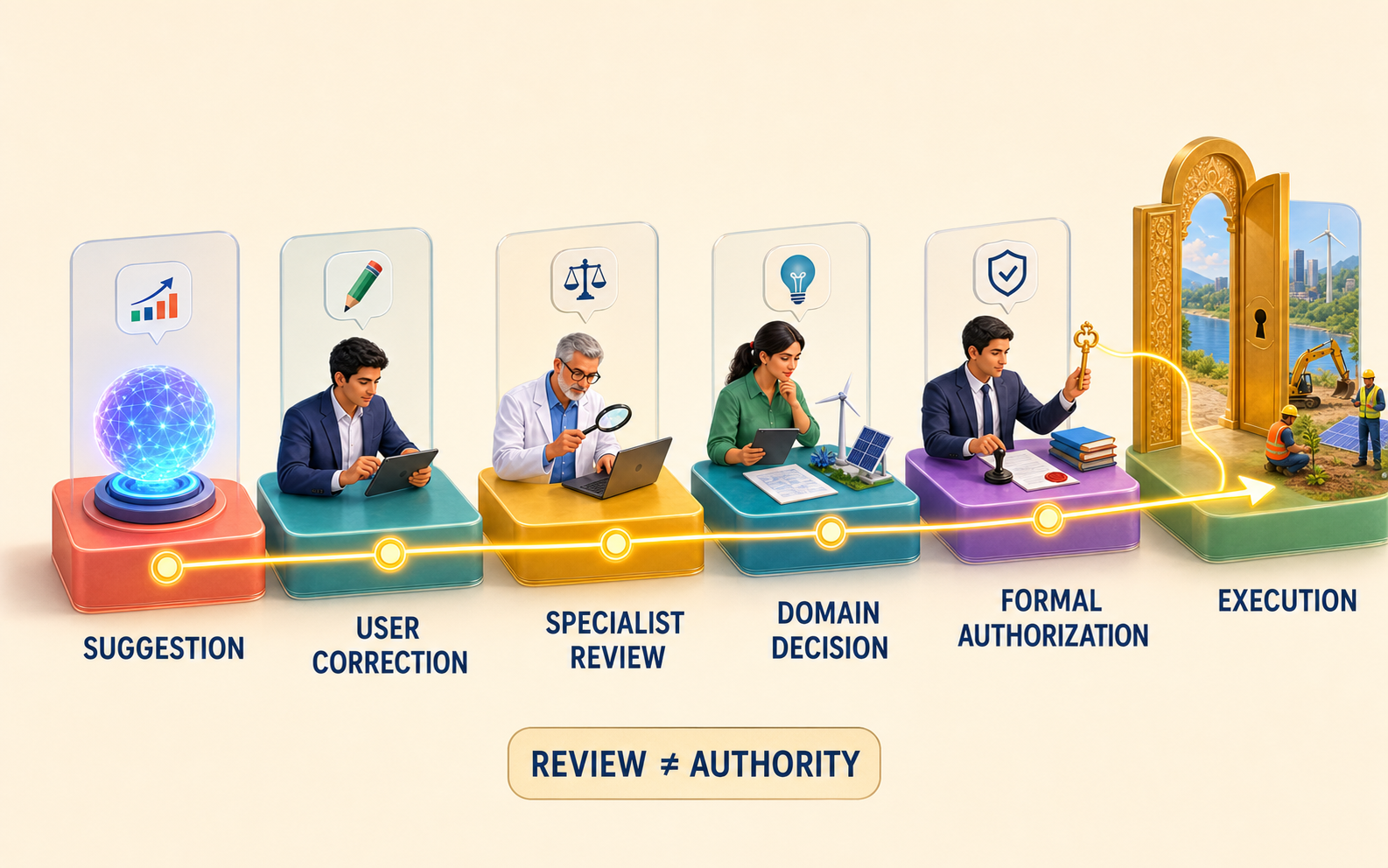 Authority map separating system suggestion, user correction, specialist review, domain decision, formal authorization, and execution.
