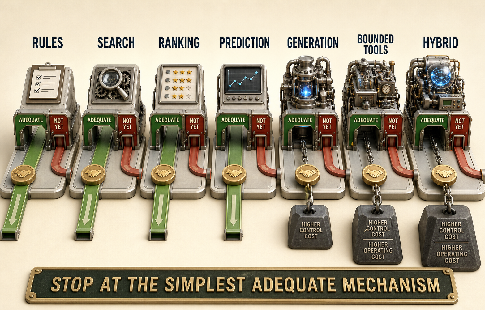 Decision ladder comparing rules, lexical and structured retrieval, predictive scoring, multimodal retrieval, ranking, generation, and tools without treating them as maturity stages.