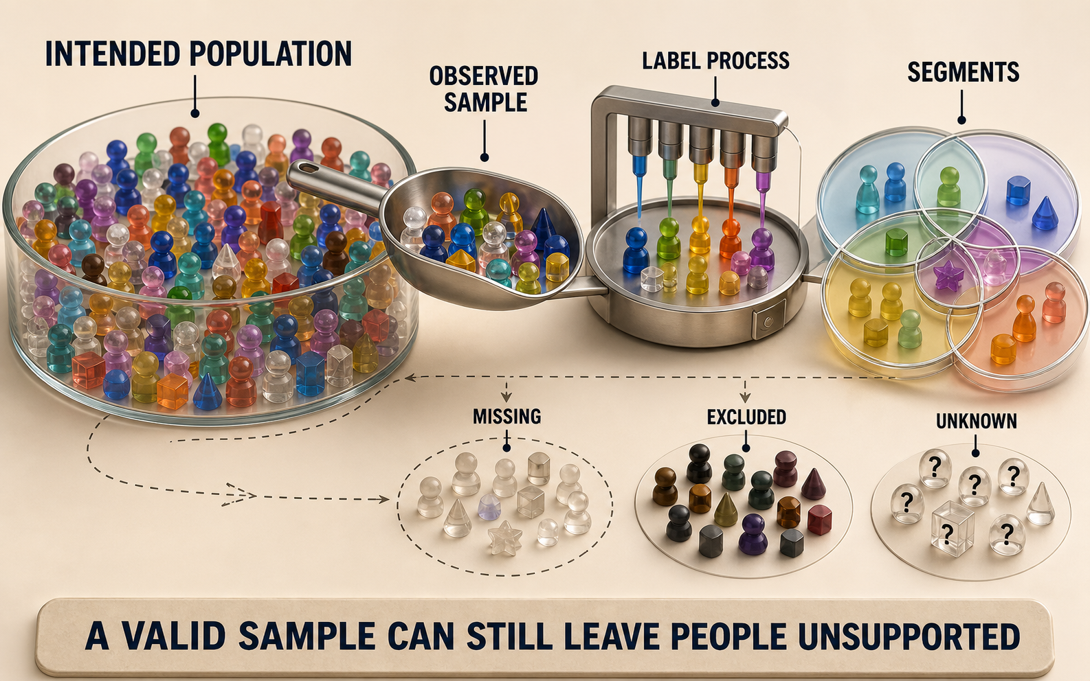 Nested view of intended task population, observed sample, label process, and intersecting analysis segments, with unknown and excluded groups kept visible.