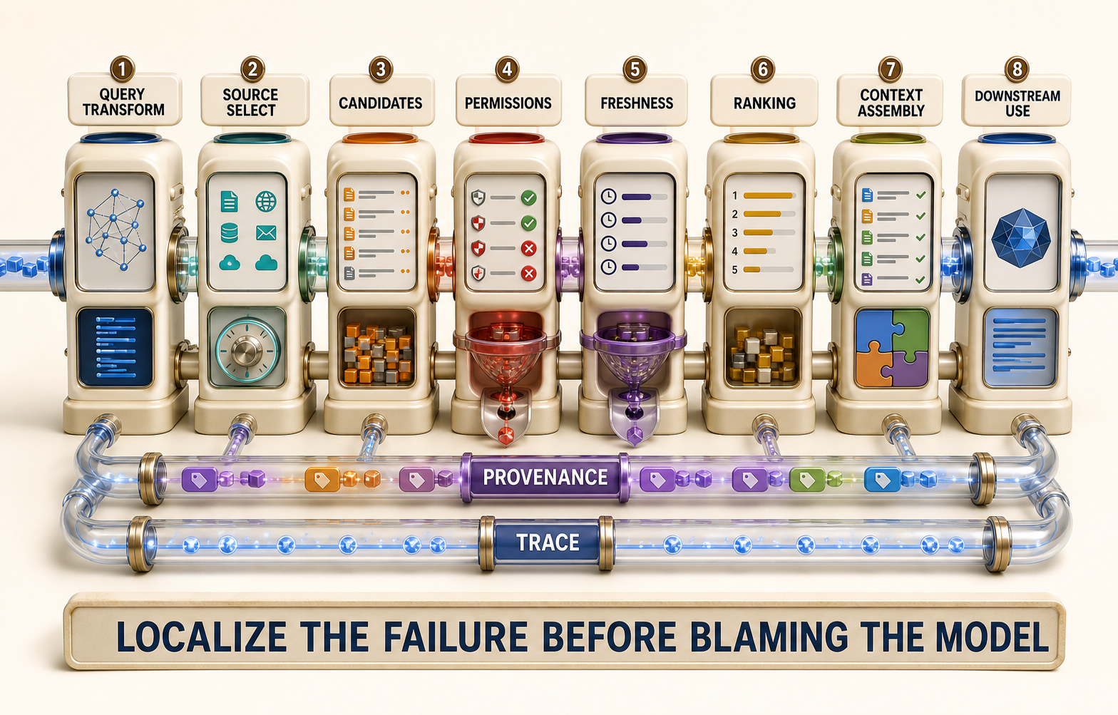 Retrieval pipeline separating query transformation, source selection, candidate generation, permission and freshness filters, ranking, context assembly, downstream use, user evidence, and trace.