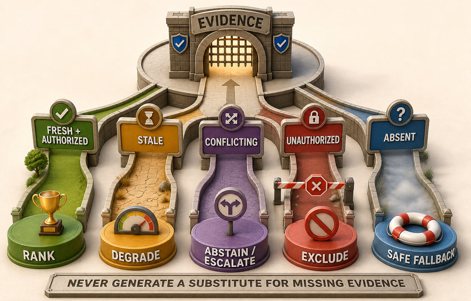 Decision tree routing authorized fresh evidence to ranking, stale evidence to degraded behavior, conflicting evidence to abstention or domain escalation, unauthorized evidence to exclusion, and absent evidence to safe fallback.