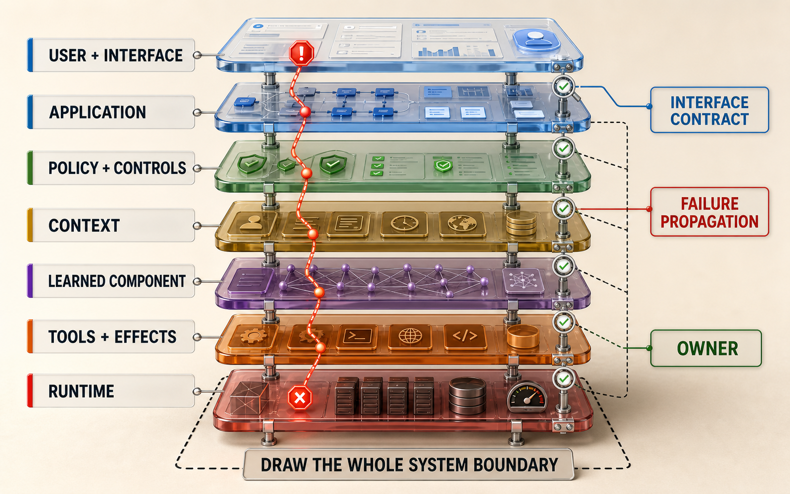 Colorful layered three-dimensional architecture showing the user interface, application, authorized data and retrieval, learned adapter, deterministic policy, presentation, tool gateway, trace, and named human authorities as distinct connected zones.