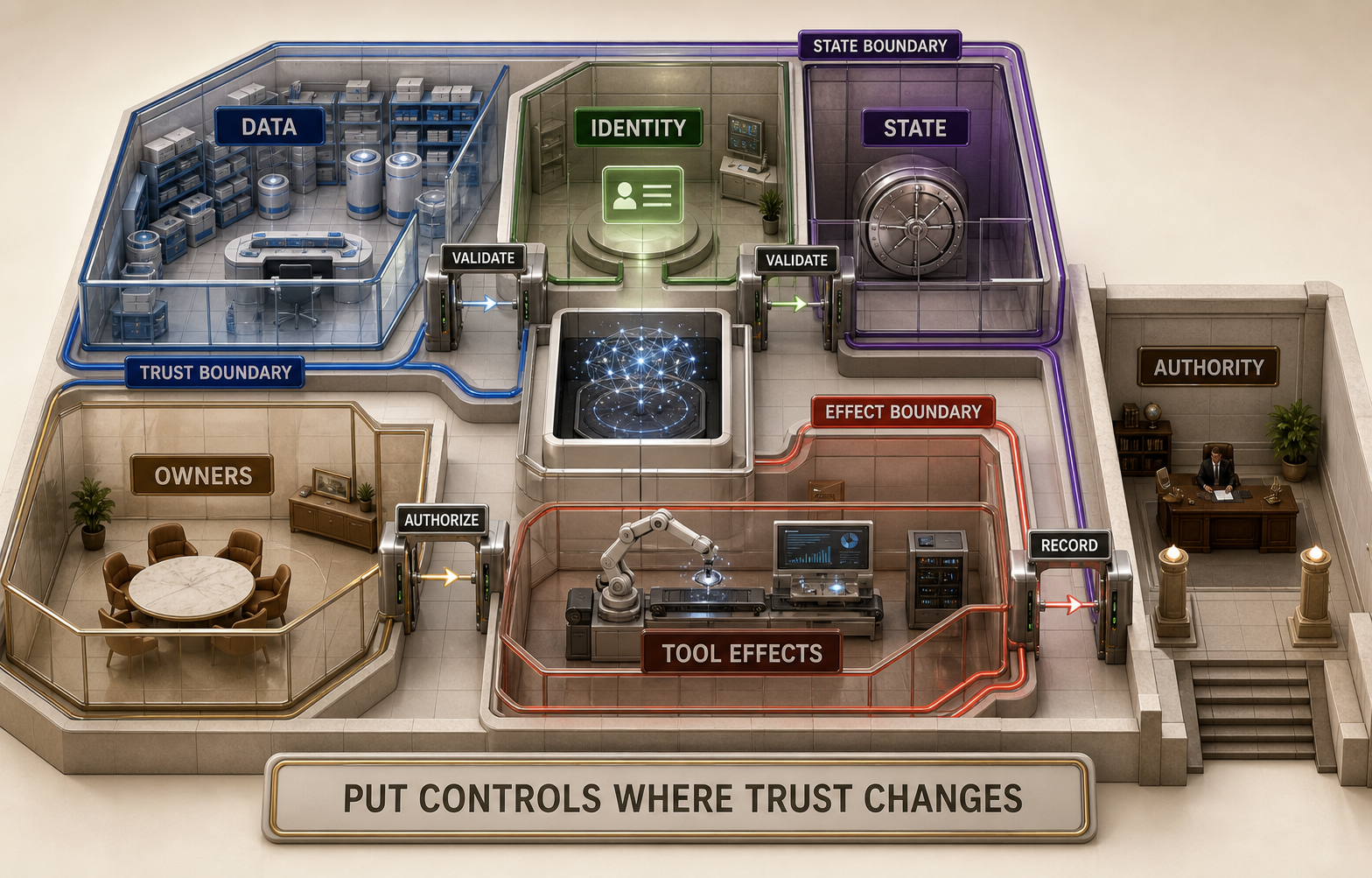 Vivid three-dimensional boundary map with untrusted inputs outside, validated data and deterministic control in the center, product state and draft-only tools beyond gated checkpoints, and named owners and authorities connected to each gate.