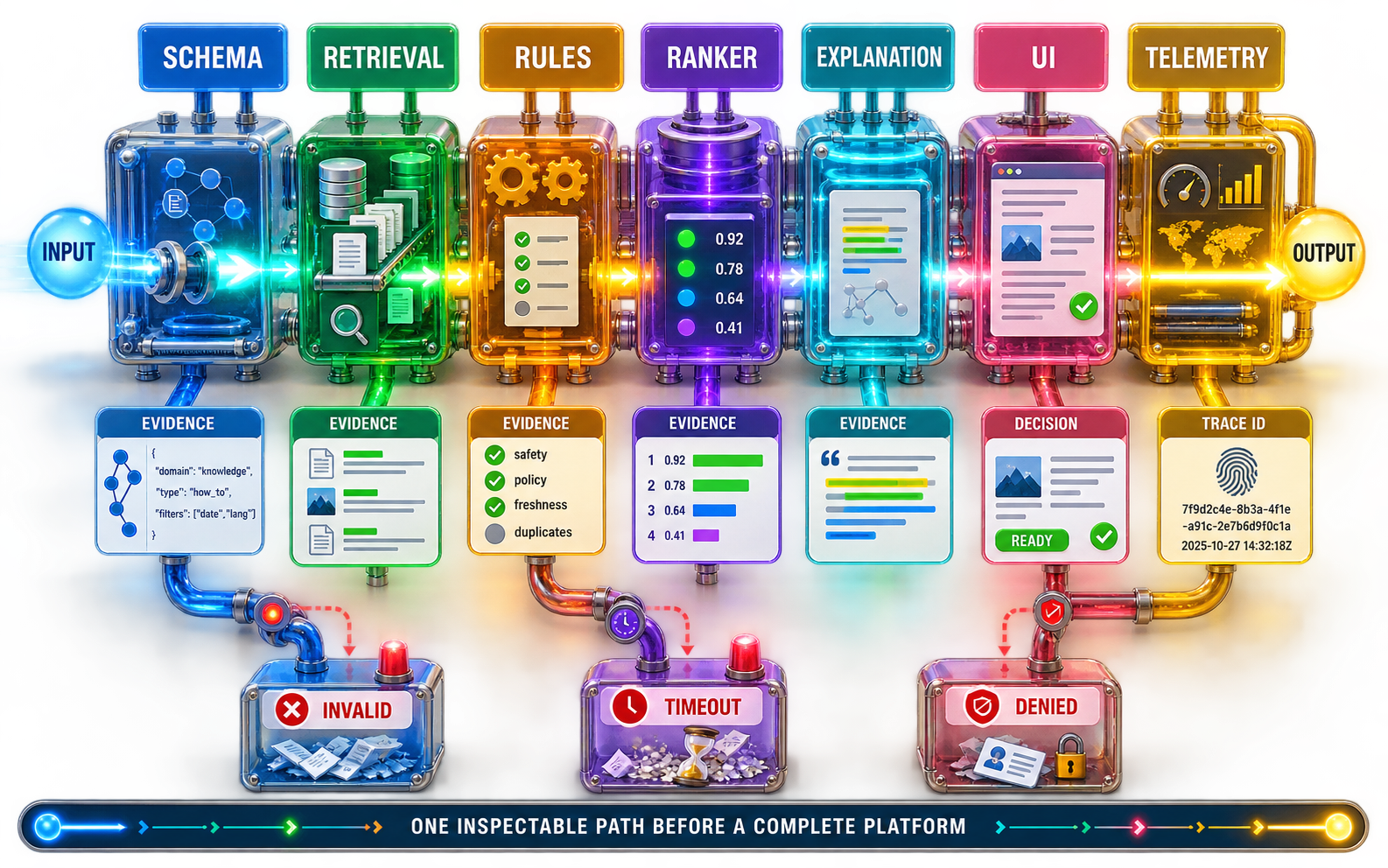Crisp colorful three-dimensional path following one request through identity, validation, retrieval, deterministic policy, provider envelope, result validation, presentation, and trace, with bright side branches for abstention, timeout, invalid output, and authorization failure.