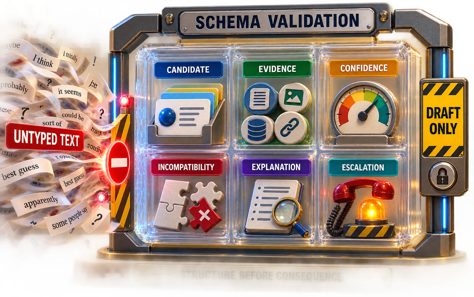 Playful realistic three-dimensional exploded view of a structured result, with separate layers for schema, candidate evidence, policy state, explanation, permissions, versions, trace, and a locked zero-effect chamber.