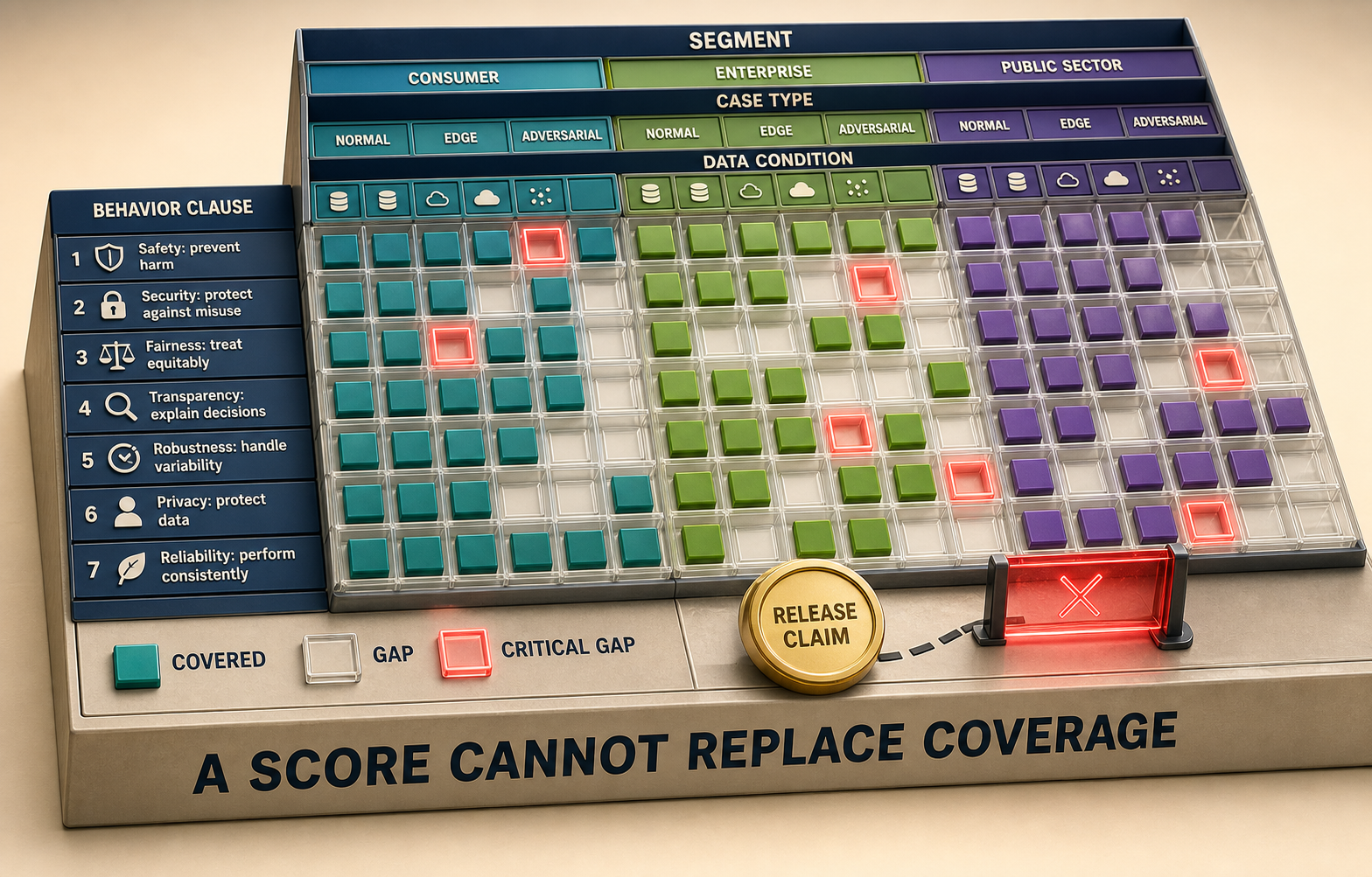Colorful tactile three-dimensional coverage board connecting behavior clauses, user segments, data states, mechanisms, and consequences to evaluation-case tiles, with bright empty cells deliberately visible.