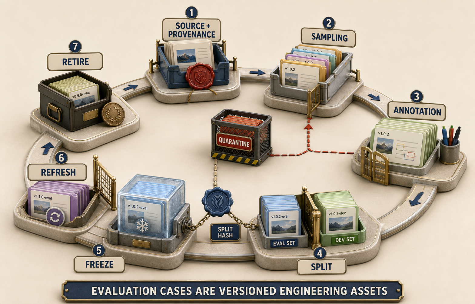Bright realistic three-dimensional circular workshop showing case discovery, permission review, construction, grouping, split freeze, evaluation, decision, production learning, refresh, and retirement, with a sealed release set and visible contamination alarm.