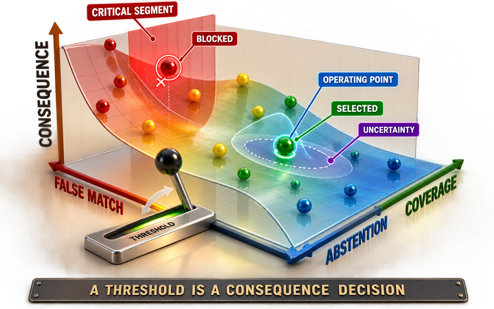 Bright three-dimensional threshold surface with essential labels for false match, abstention, coverage, critical segment recall, and permission/incompatibility violations across operating points.