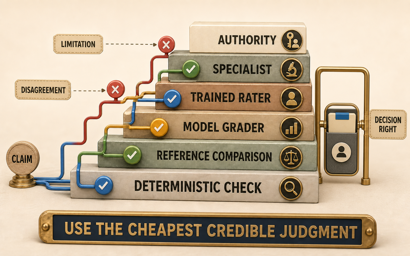 Colorful three-dimensional judgment stack routing claim evidence through deterministic check, reference comparison, model grader, trained rater, specialist, and a separate authority gate, with disagreement and limitation stops.