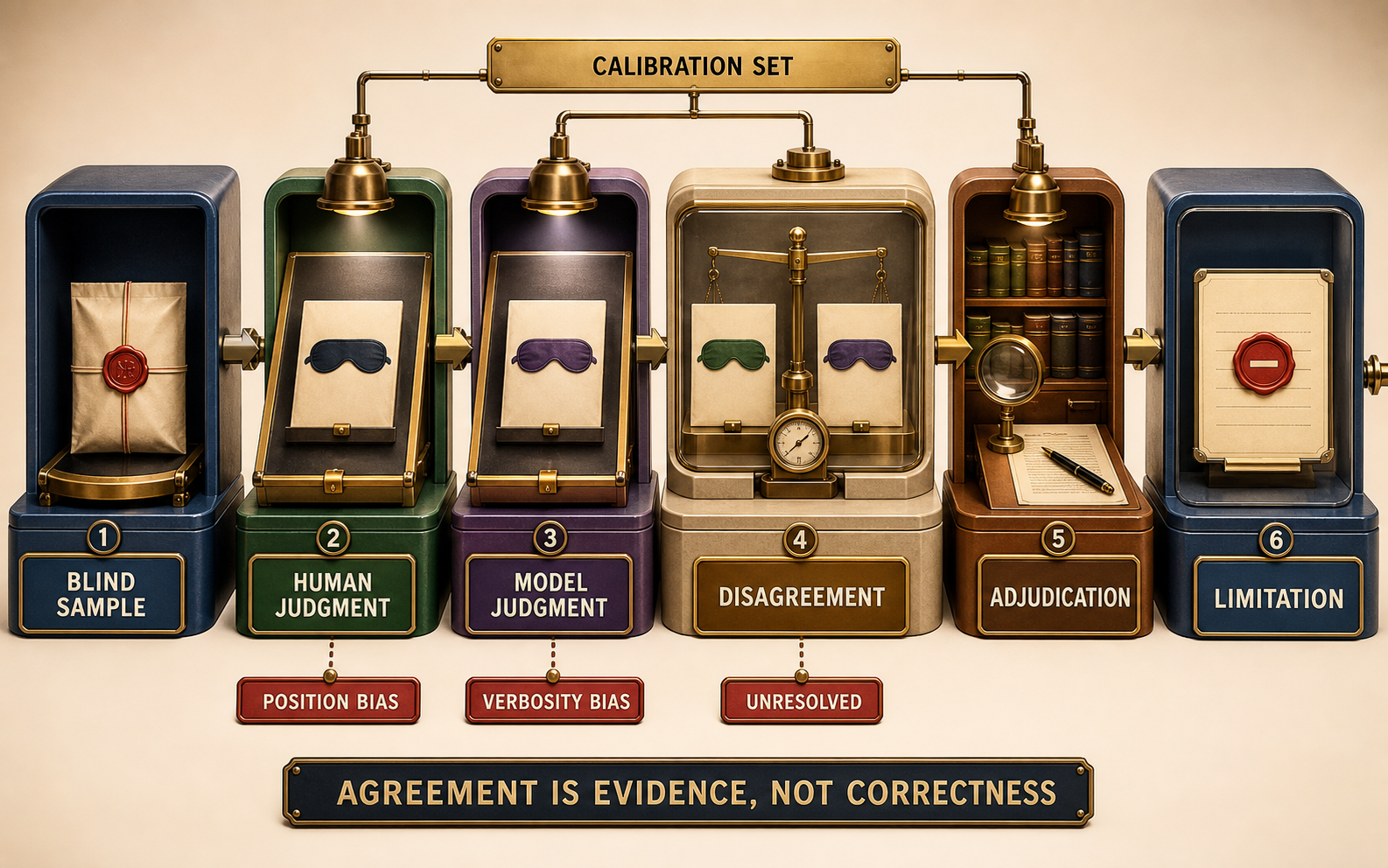 Bright three-dimensional calibration flow from a calibration set through blind sample, human judgment, model judgment, disagreement, adjudication, and limitation, with position bias, verbosity bias, and unresolved states visible.